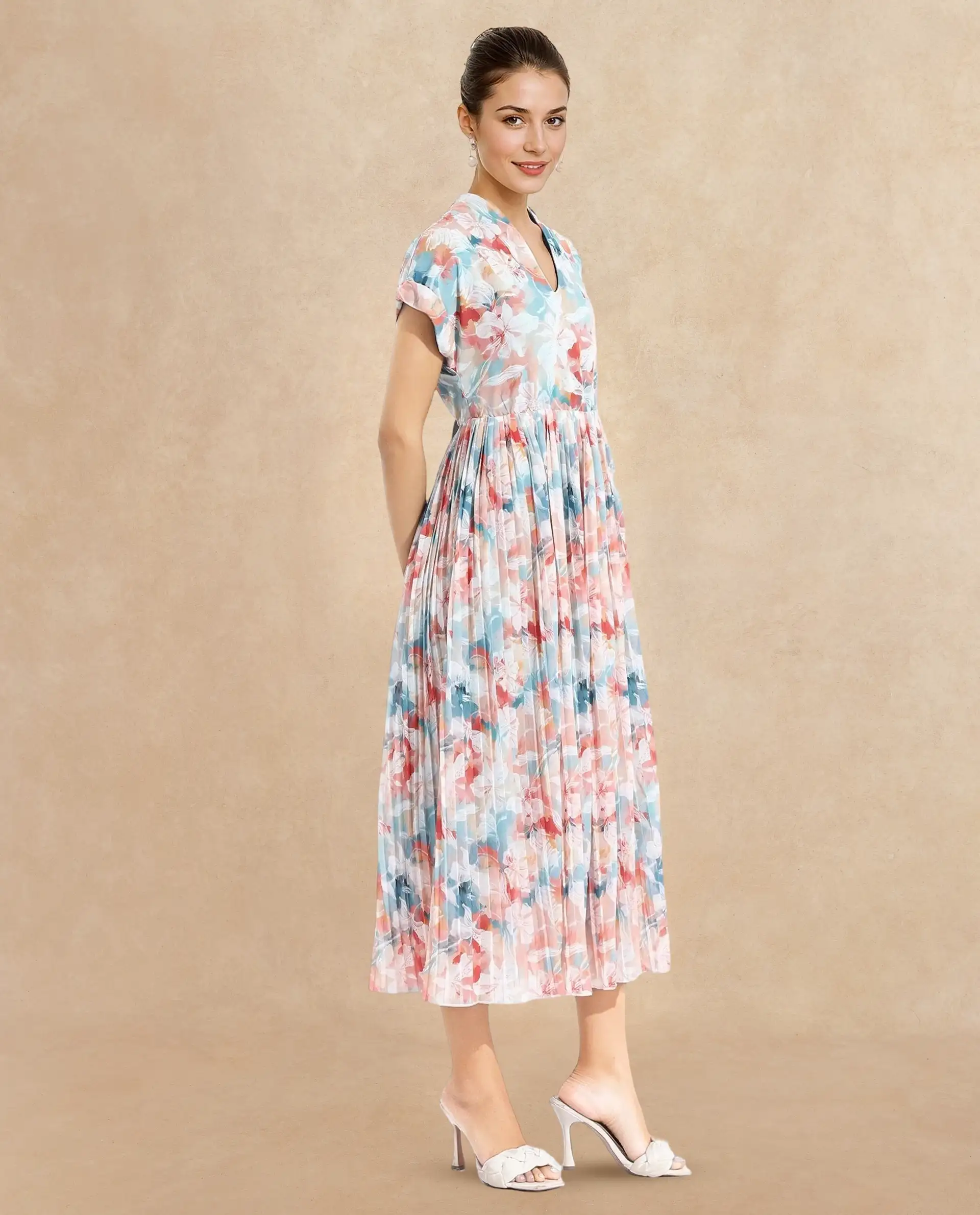 Rareism Women's Zinuzu Light Multi Polyester V-Neck Floral Print Extended Sleeves Midi Fit And Flare Dress - Image 7