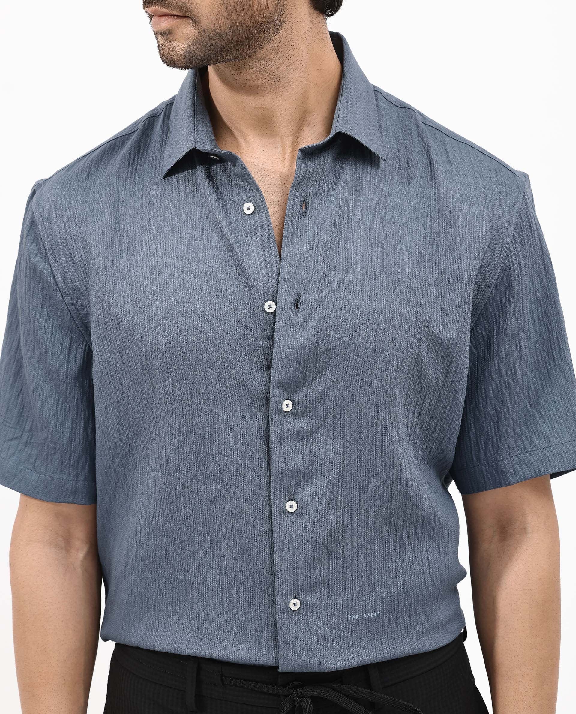 Rare Rabbit Men's Zion Dark Blue Cotton Plain Boxy Fit Half Sleeve Collared Shirt - Image 11