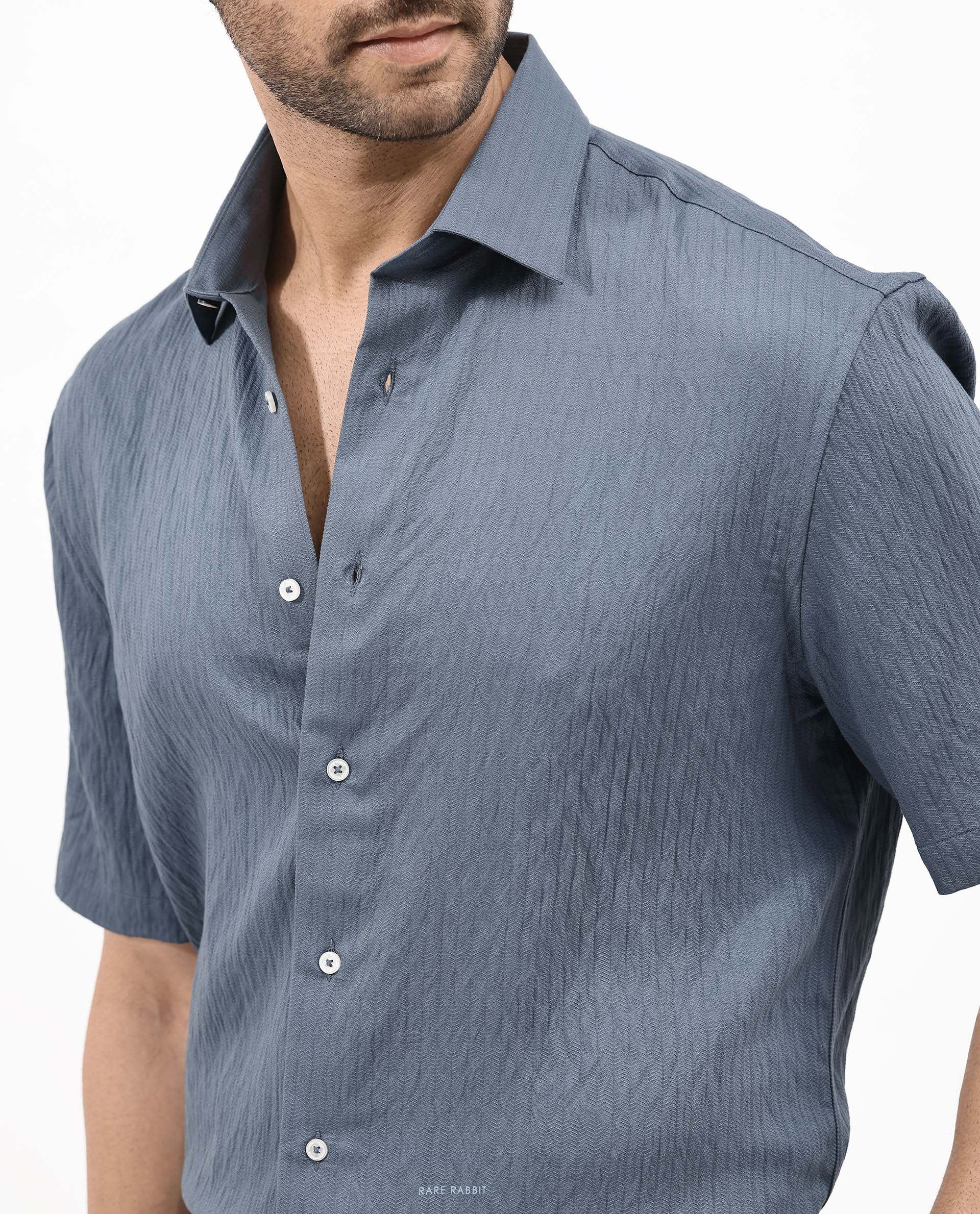 Rare Rabbit Men's Zion Dark Blue Cotton Plain Boxy Fit Half Sleeve Collared Shirt - Image 12