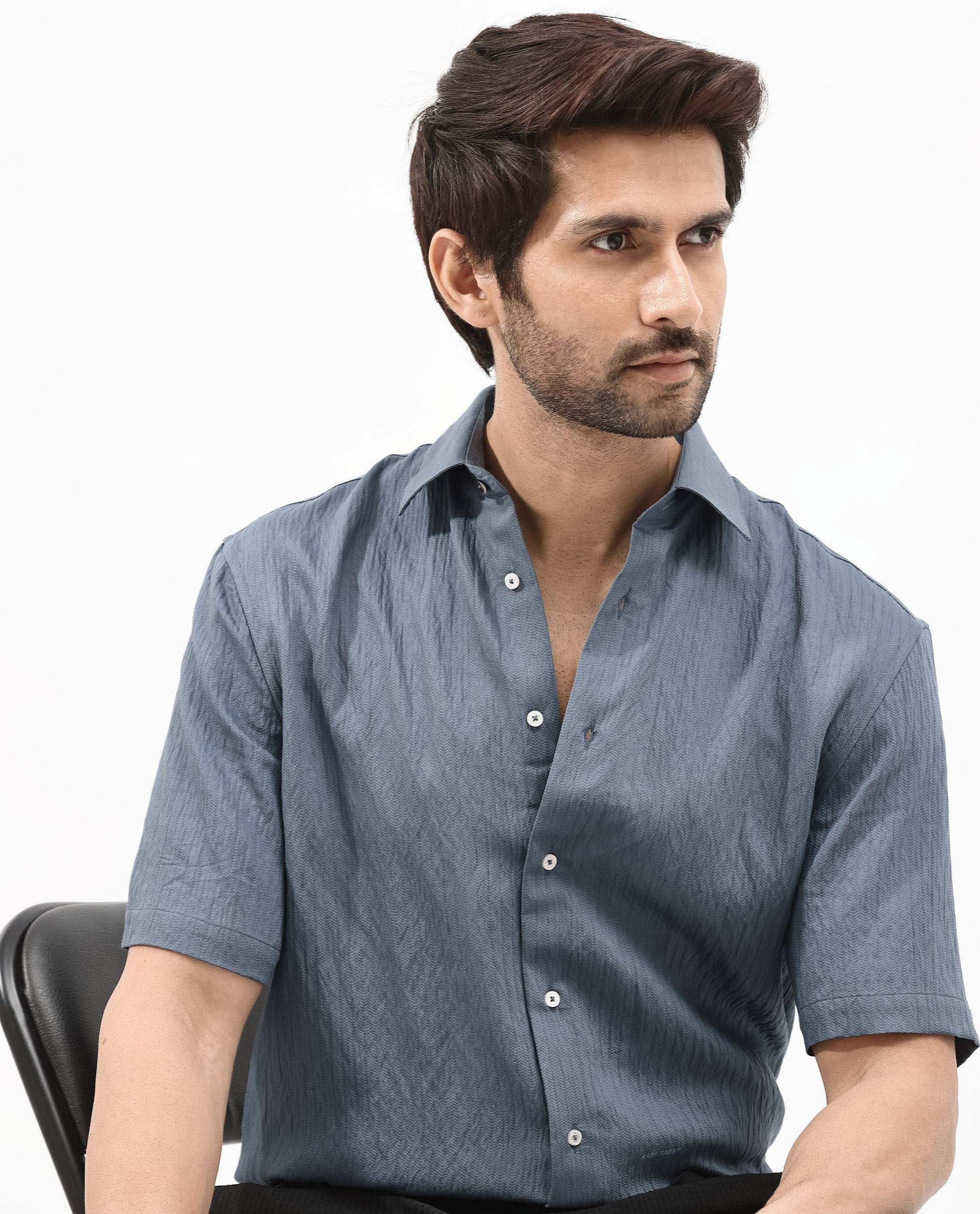 Rare Rabbit Men's Zion Dark Blue Cotton Plain Boxy Fit Half Sleeve Collared Shirt - Image 2