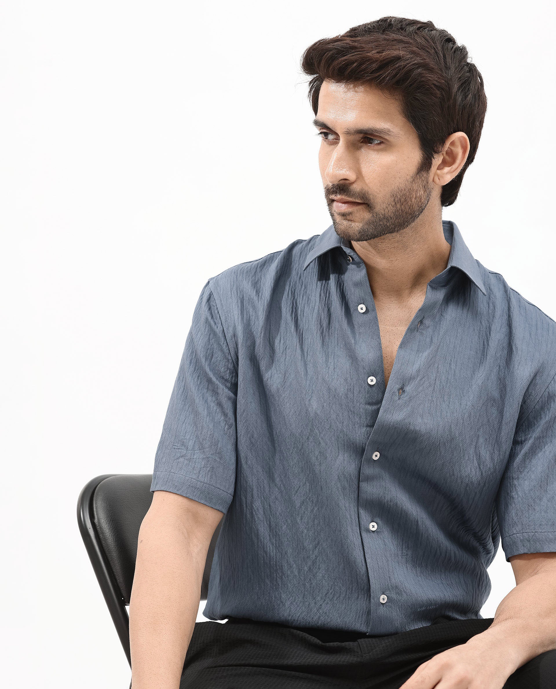 Rare Rabbit Men's Zion Dark Blue Cotton Plain Boxy Fit Half Sleeve Collared Shirt - Image 3