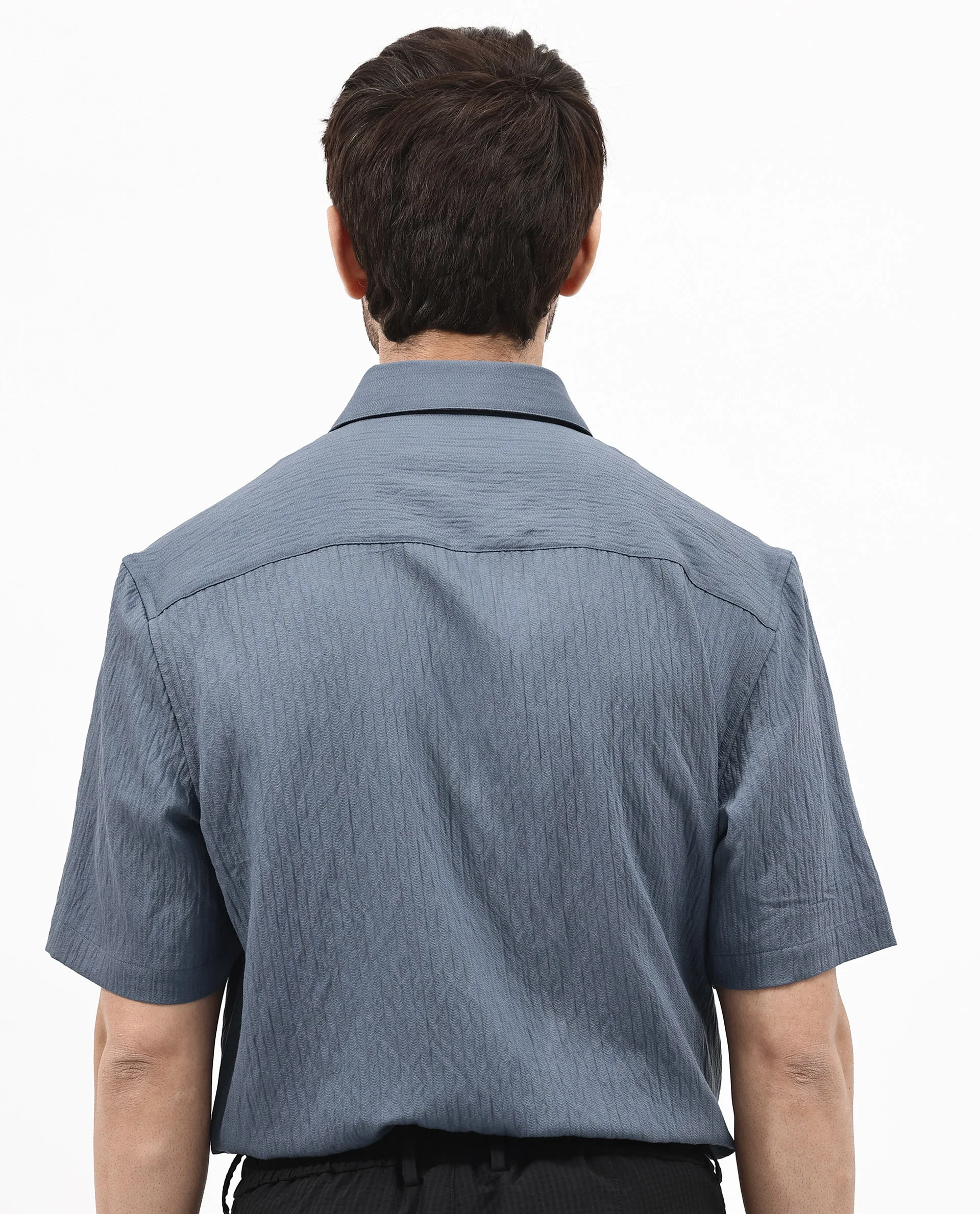 Rare Rabbit Men's Zion Dark Blue Cotton Plain Boxy Fit Half Sleeve Collared Shirt - Image 4