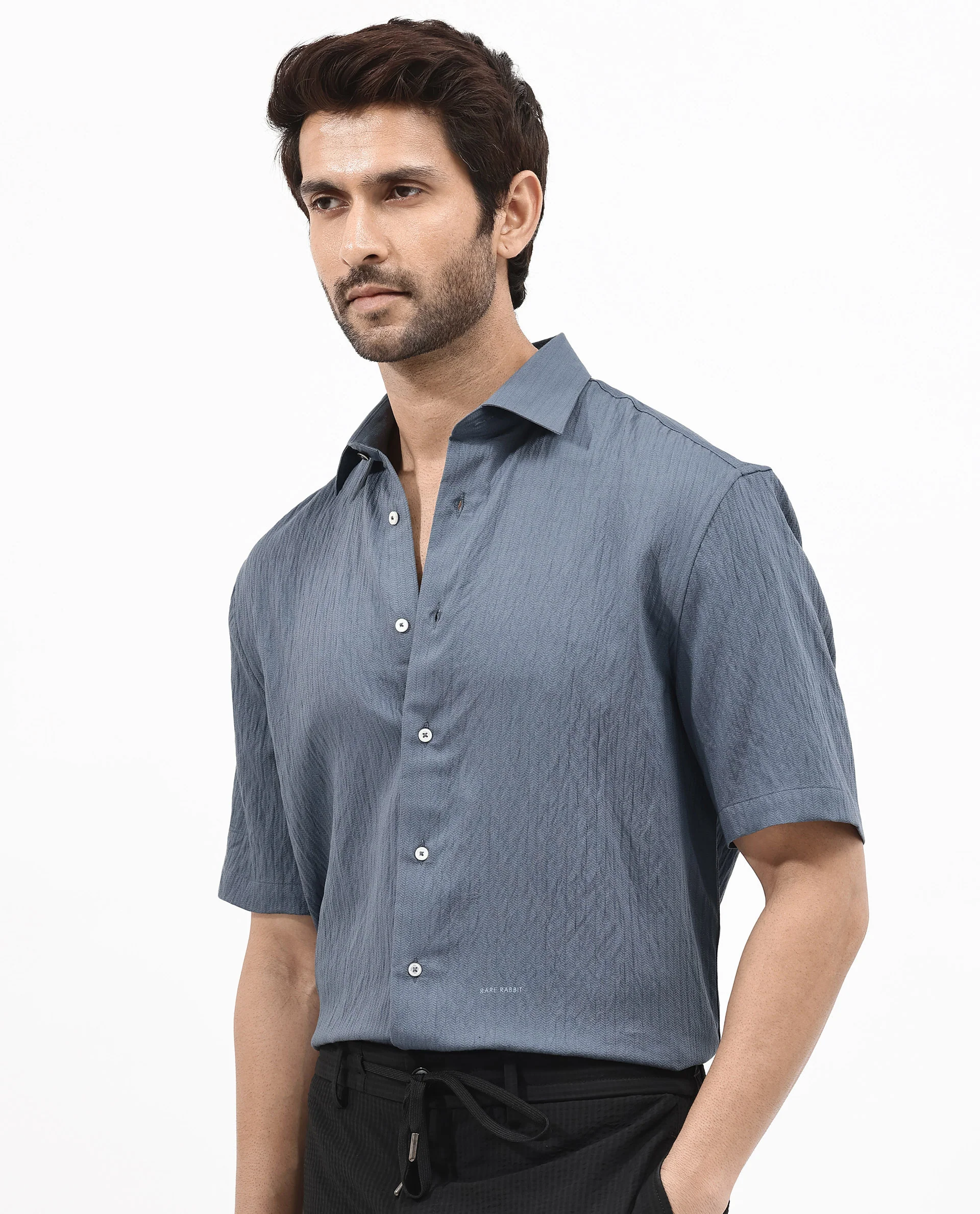 Rare Rabbit Men's Zion Dark Blue Cotton Plain Boxy Fit Half Sleeve Collared Shirt - Image 5