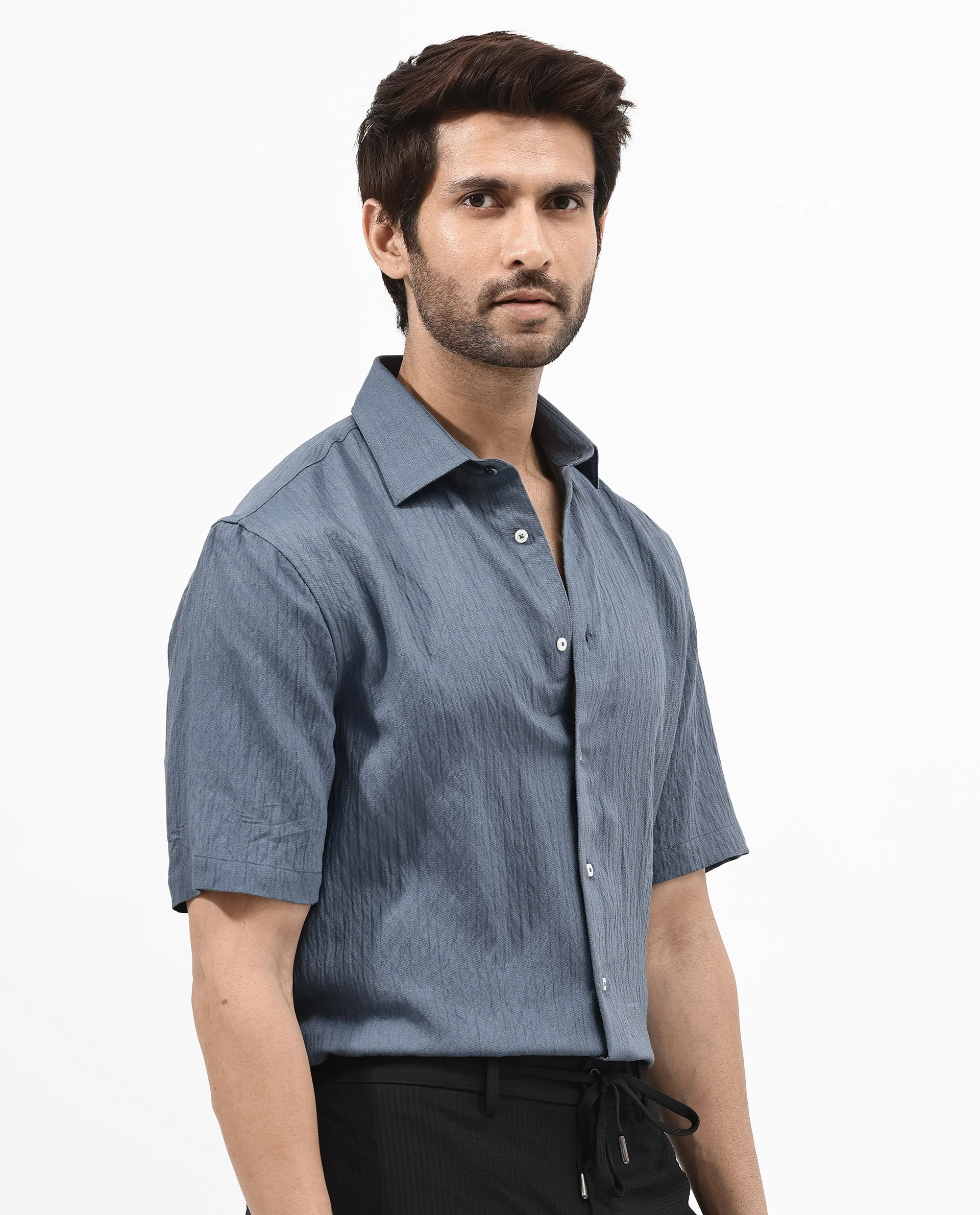 Rare Rabbit Men's Zion Dark Blue Cotton Plain Boxy Fit Half Sleeve Collared Shirt - Image 6