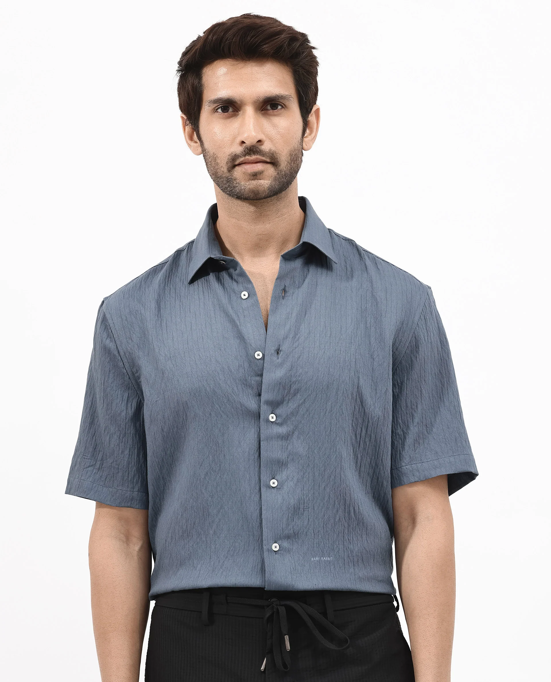 Rare Rabbit Men's Zion Dark Blue Cotton Plain Boxy Fit Half Sleeve Collared Shirt - Image 7