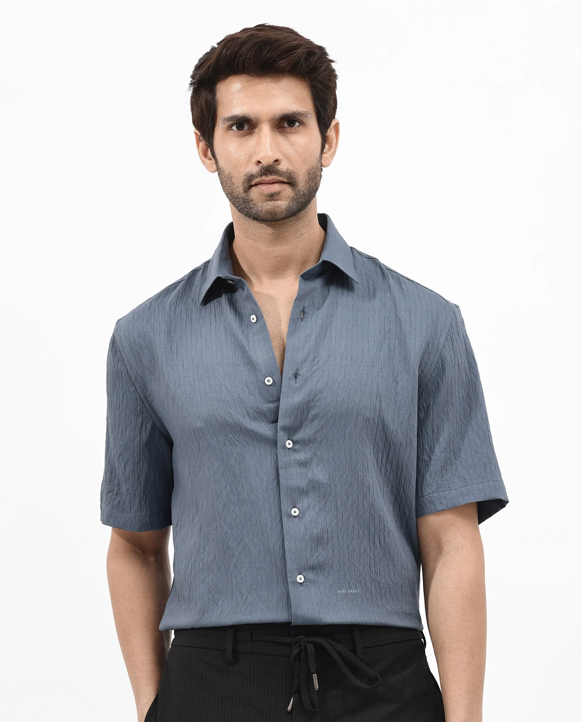 Rare Rabbit Men's Zion Dark Blue Cotton Plain Boxy Fit Half Sleeve Collared Shirt - Image 8