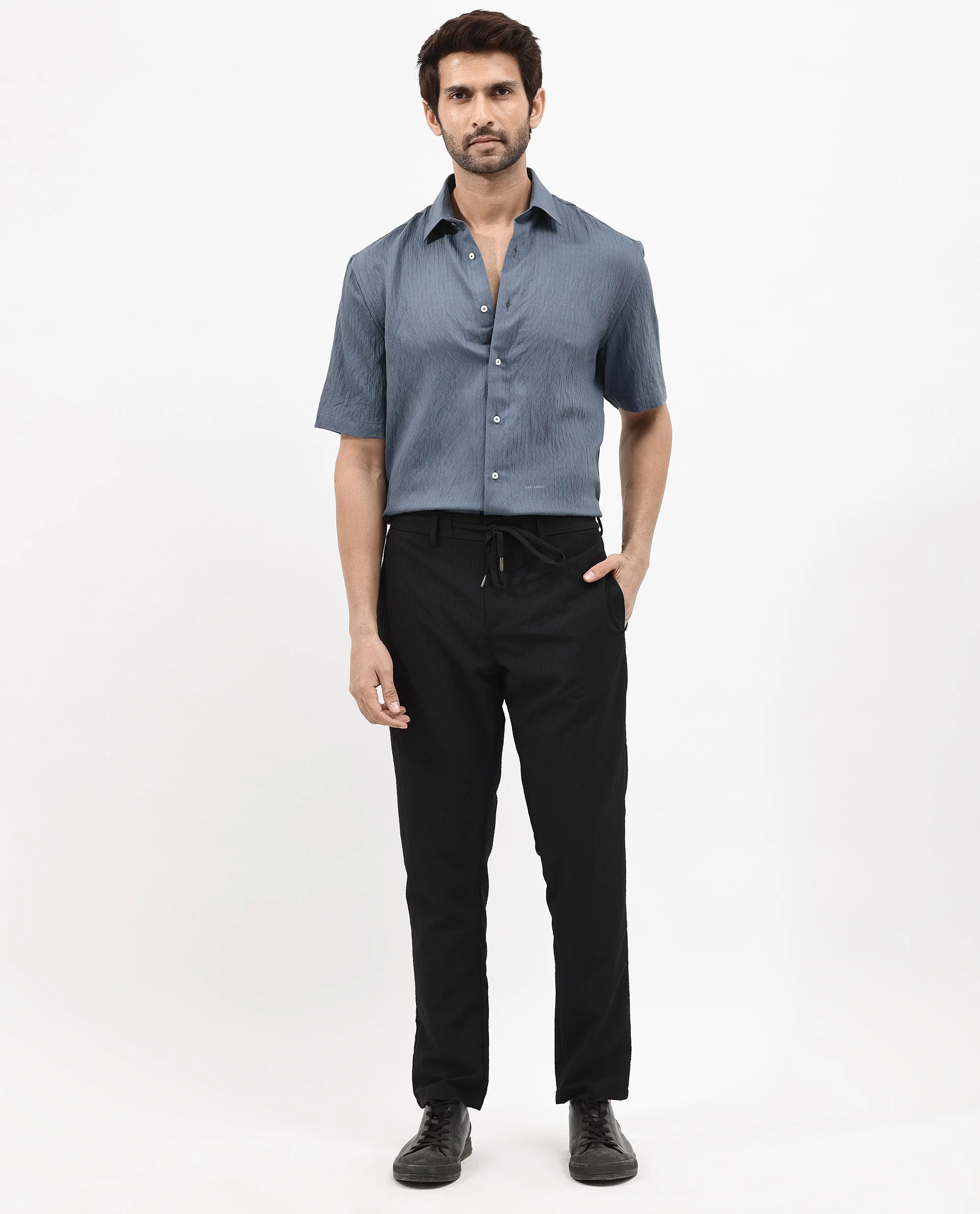 Rare Rabbit Men's Zion Dark Blue Cotton Plain Boxy Fit Half Sleeve Collared Shirt - Image 9