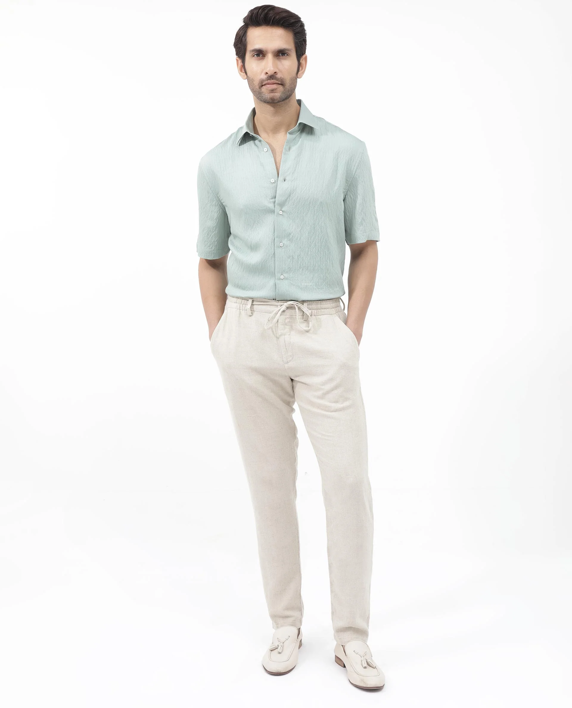 Rare Rabbit Men's Zion Light Green Cotton Plain Boxy Fit Half Sleeve Collared Shirt - Image 2