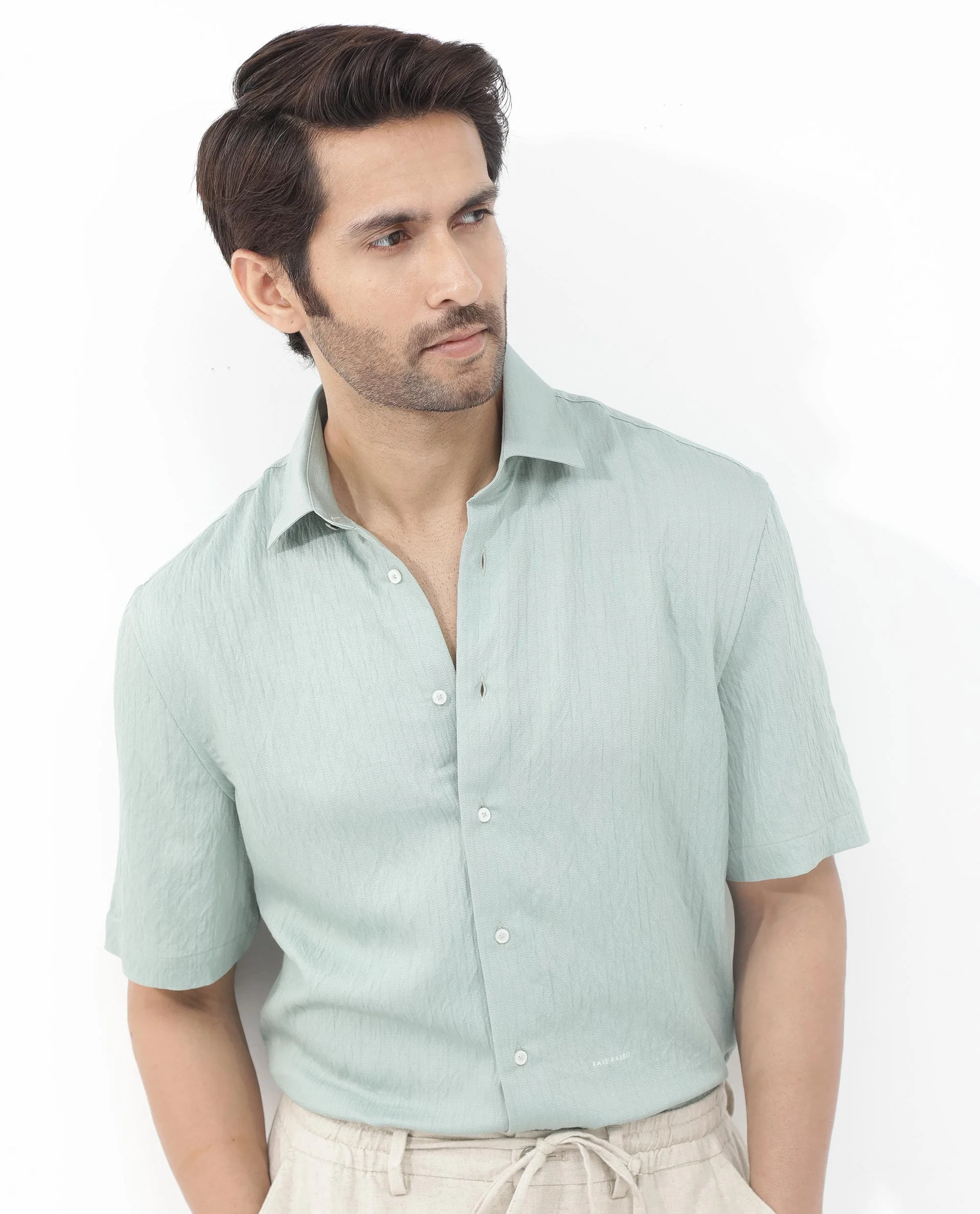Rare Rabbit Men's Zion Light Green Cotton Plain Boxy Fit Half Sleeve Collared Shirt - Image 3