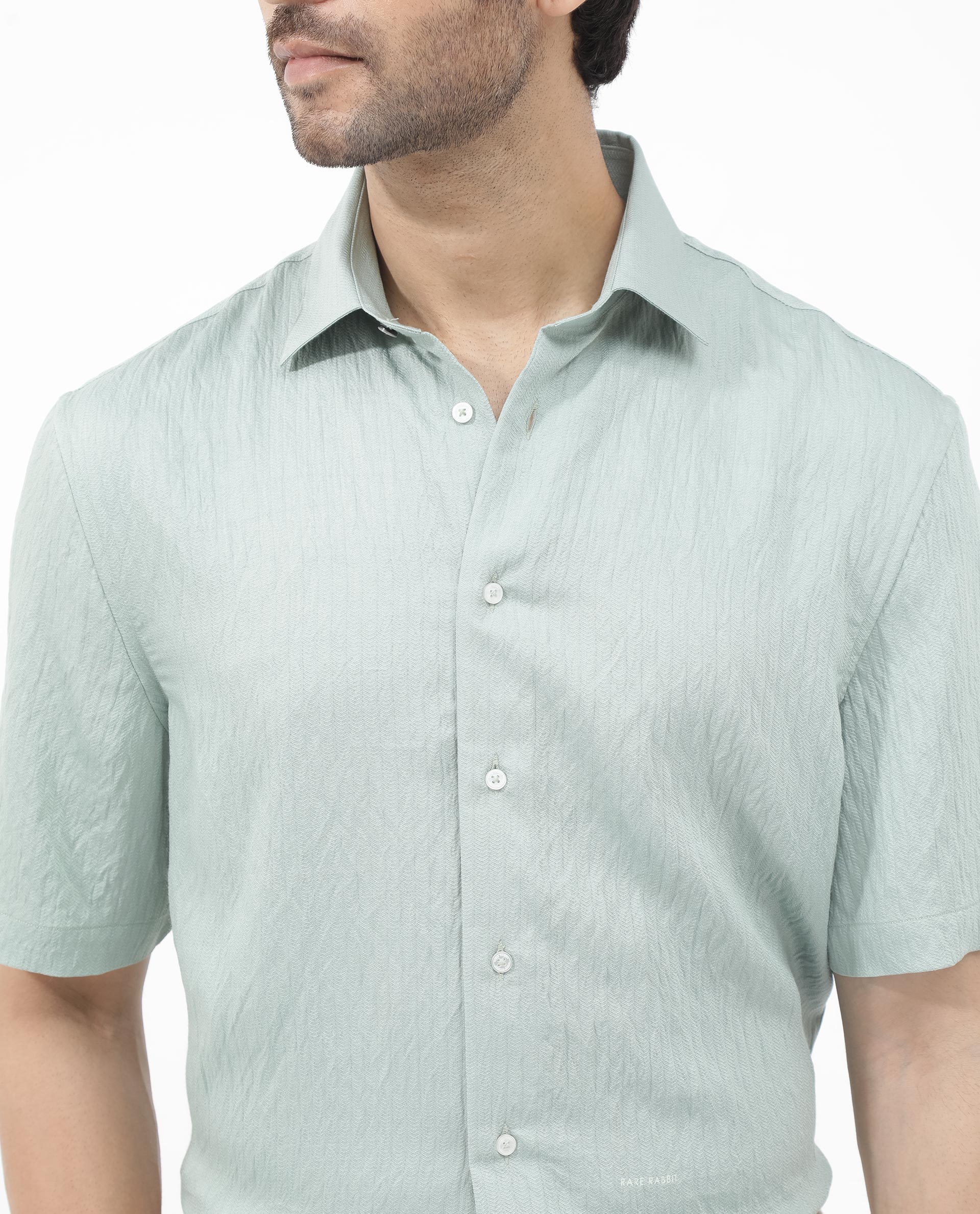 Rare Rabbit Men's Zion Light Green Cotton Plain Boxy Fit Half Sleeve Collared Shirt - Image 4