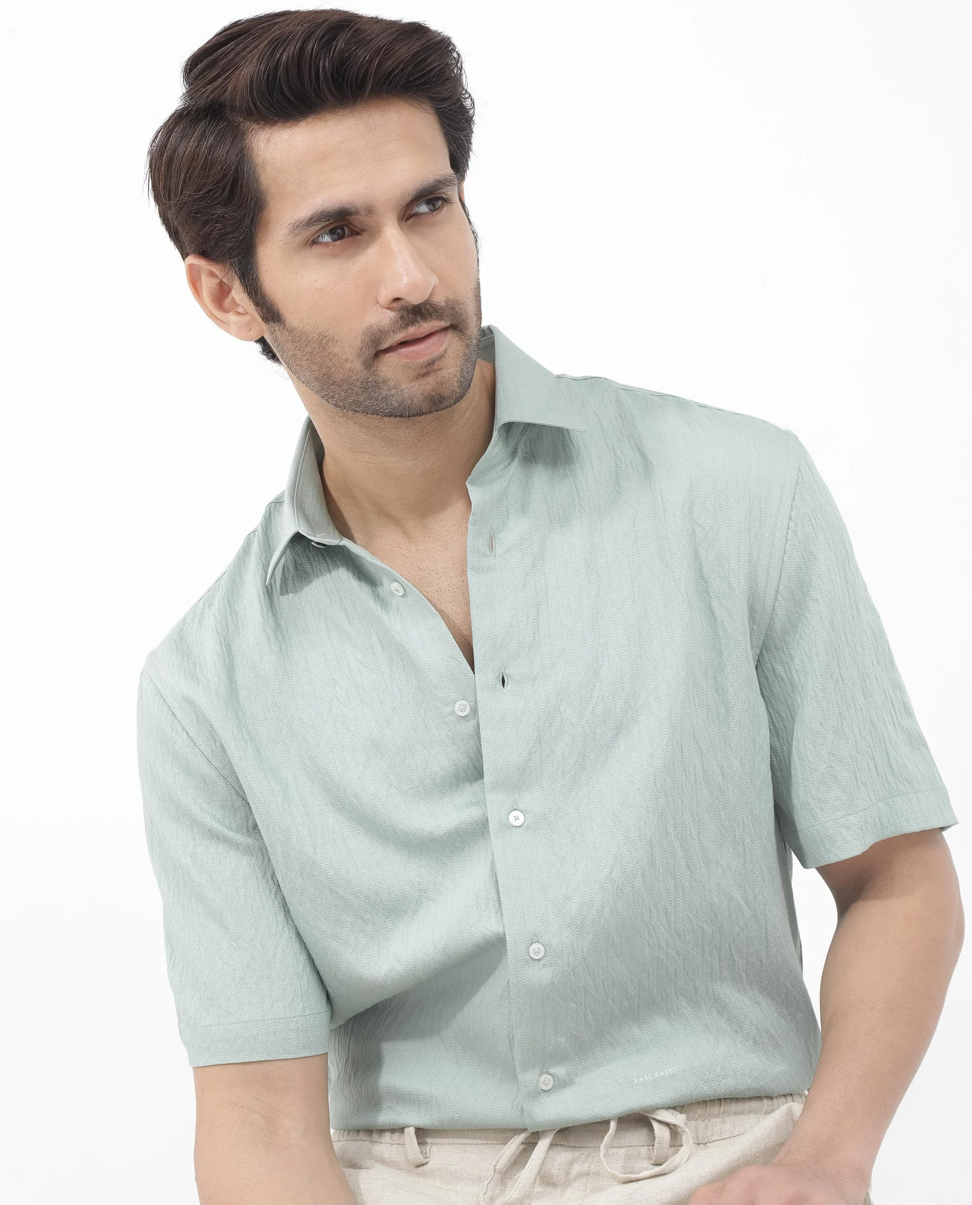 Rare Rabbit Men's Zion Light Green Cotton Plain Boxy Fit Half Sleeve Collared Shirt - Image 6