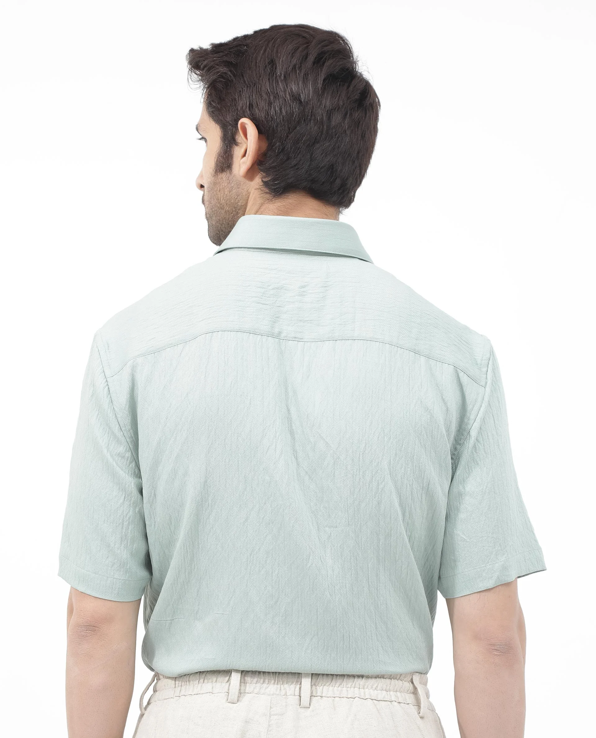 Rare Rabbit Men's Zion Light Green Cotton Plain Boxy Fit Half Sleeve Collared Shirt - Image 7