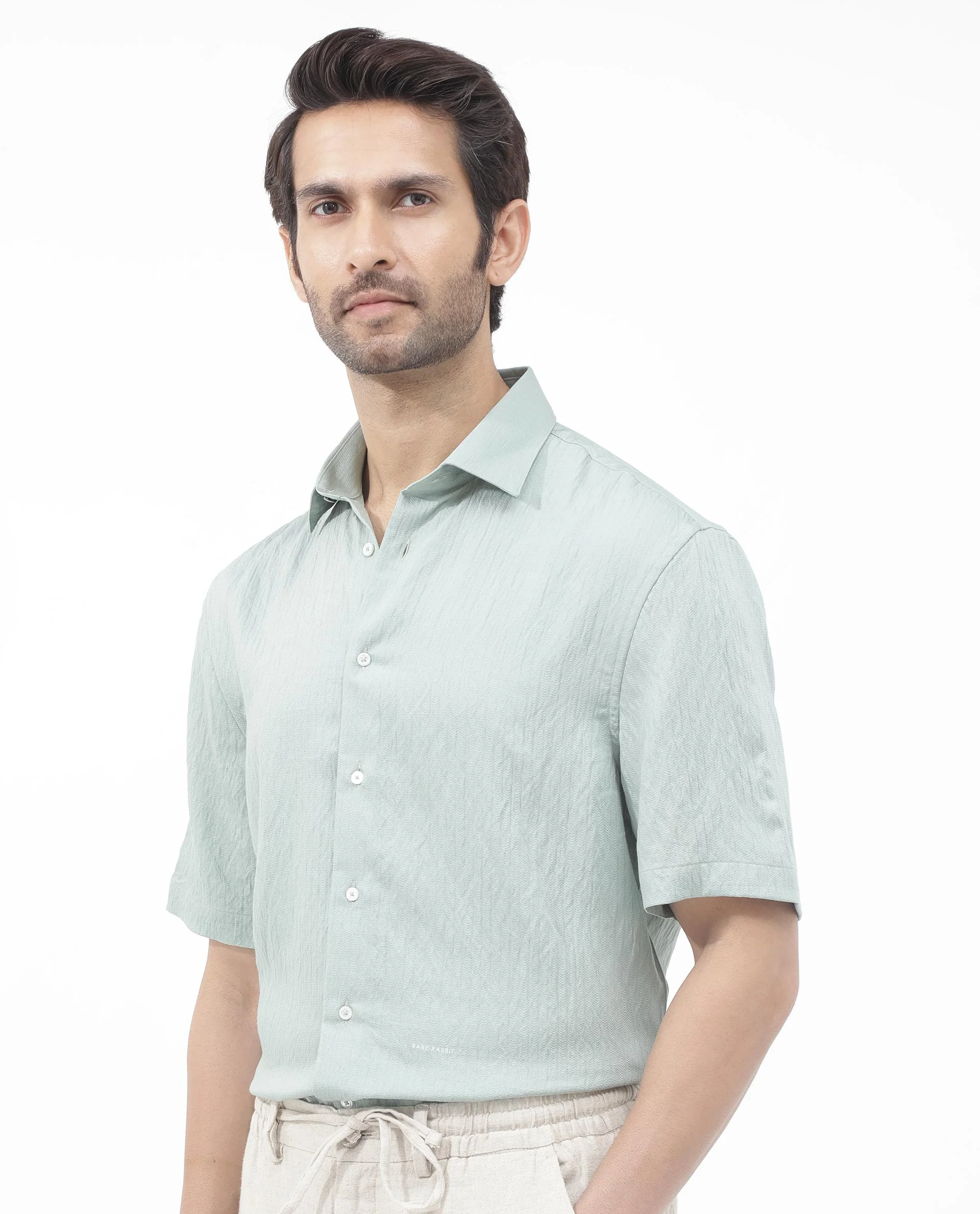 Rare Rabbit Men's Zion Light Green Cotton Plain Boxy Fit Half Sleeve Collared Shirt - Image 8