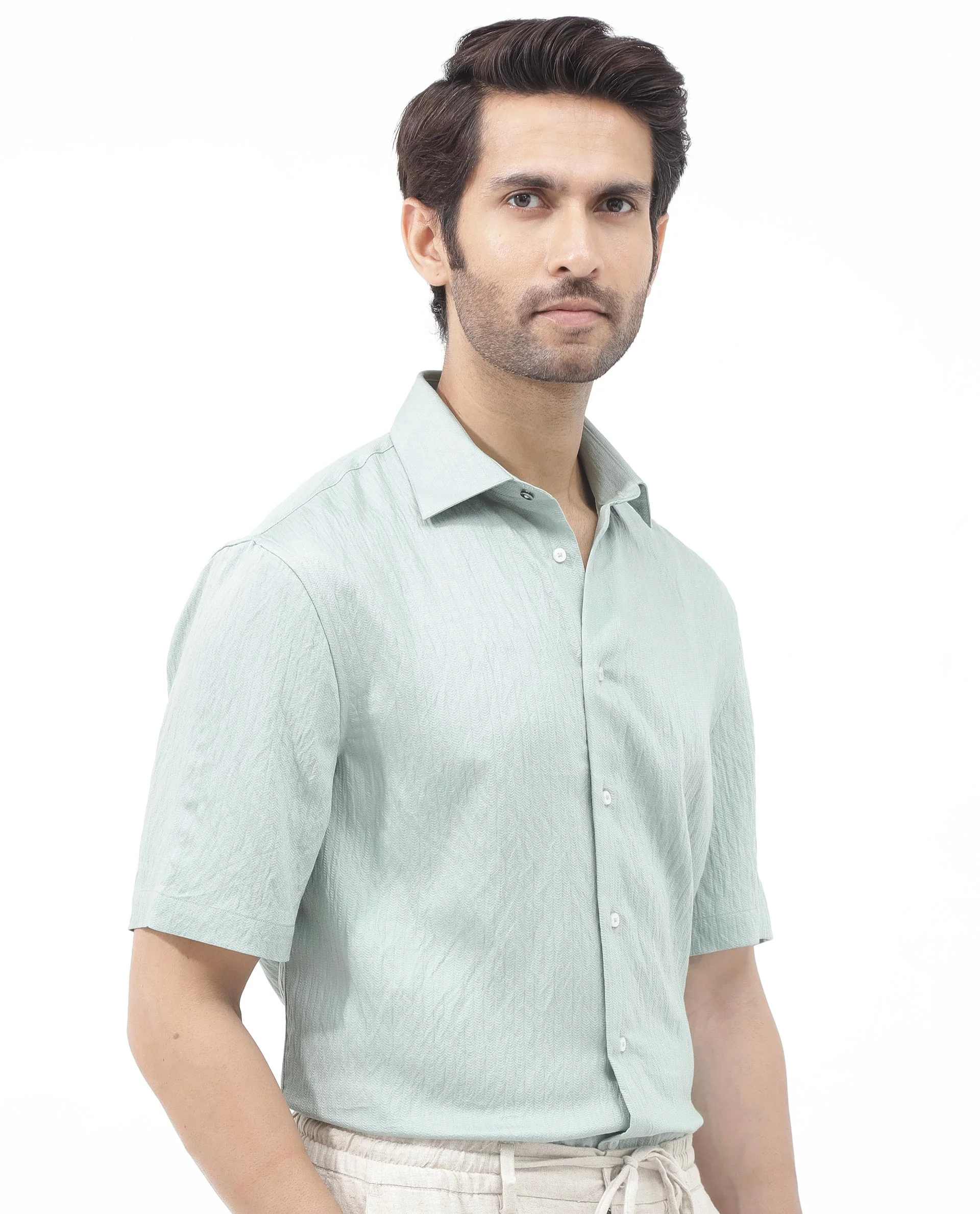 Rare Rabbit Men's Zion Light Green Cotton Plain Boxy Fit Half Sleeve Collared Shirt - Image 9