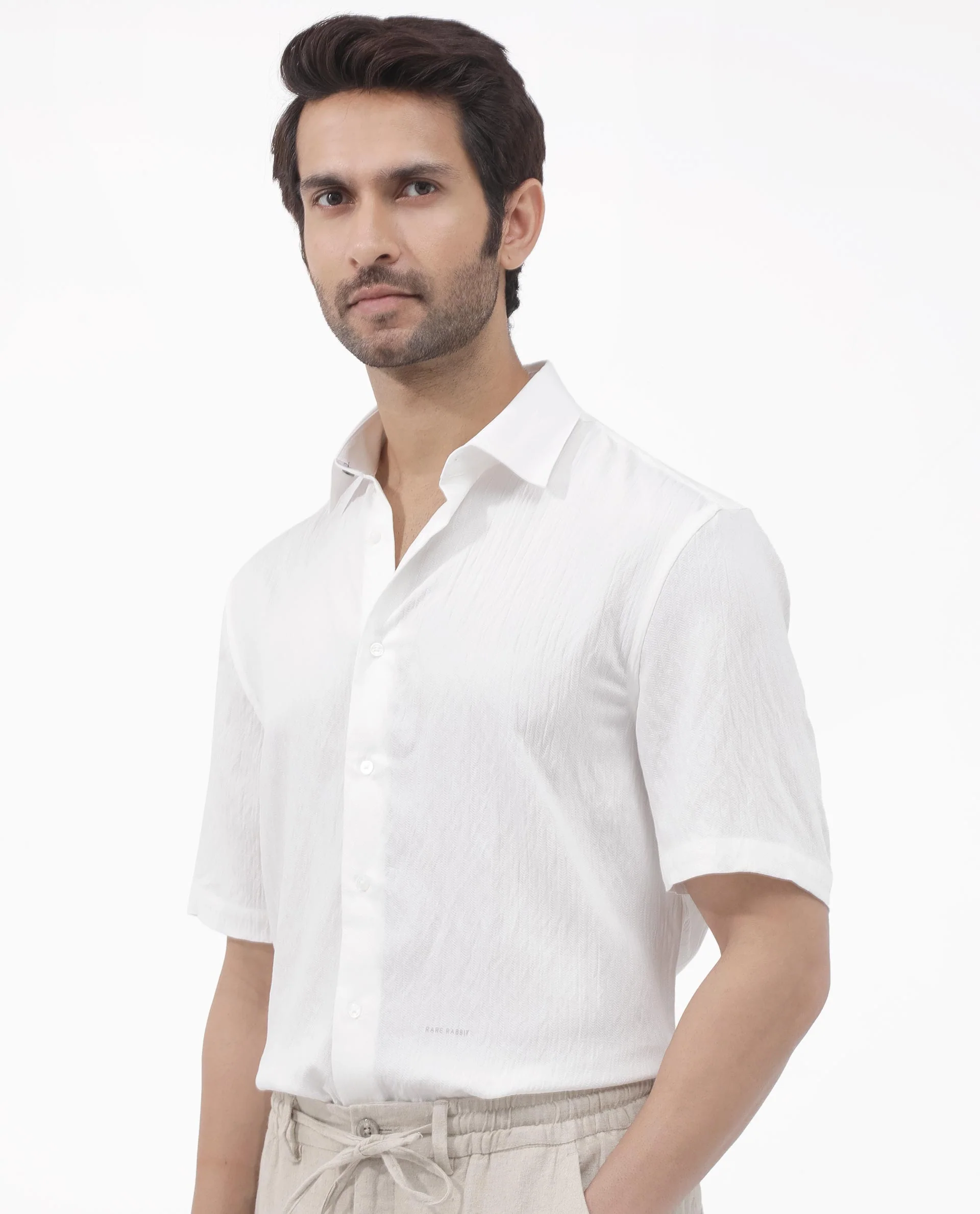 Rare Rabbit Men's Zion White Cotton Plain Boxy Fit Half Sleeve Collared Shirt - Image 3