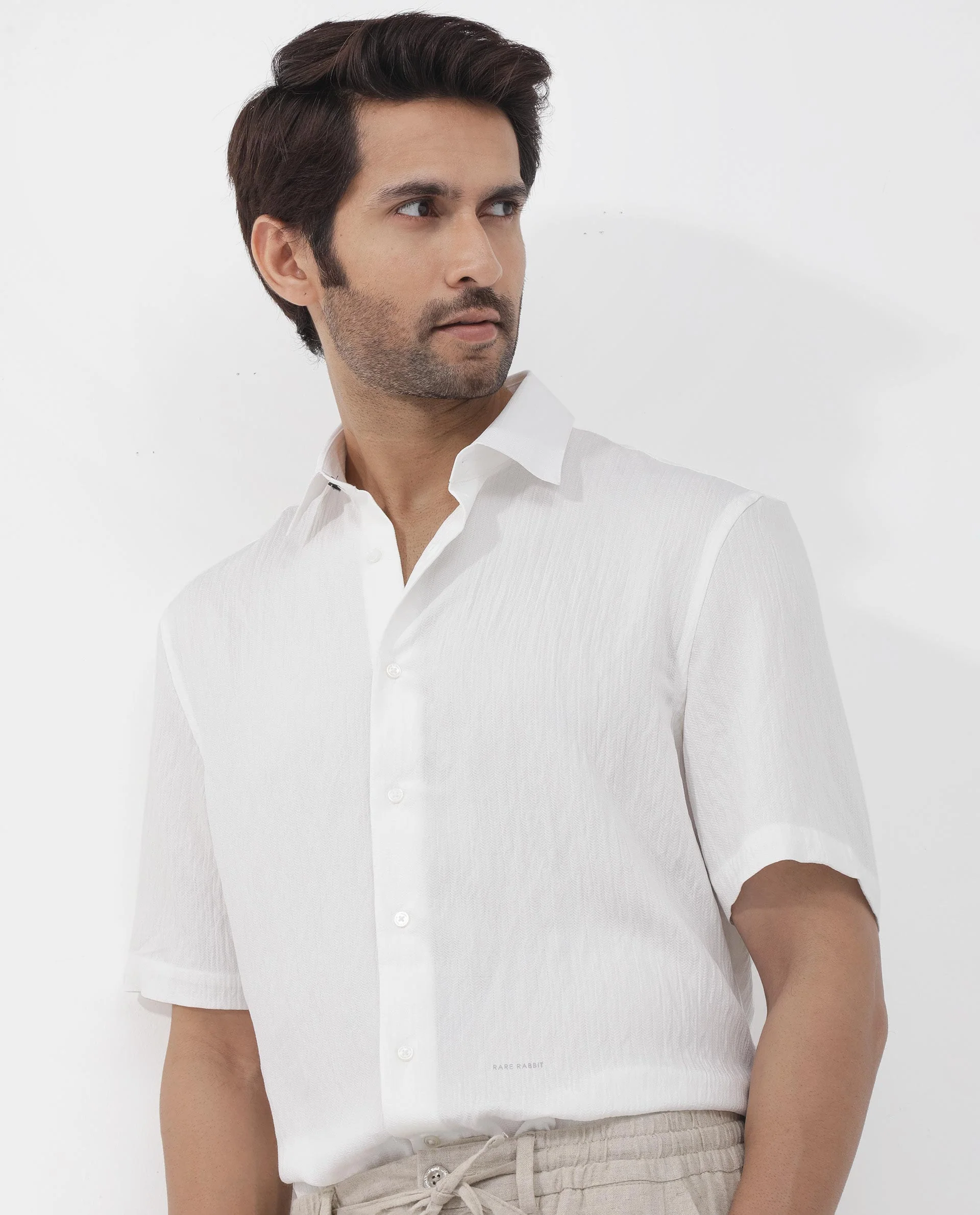 Rare Rabbit Men's Zion White Cotton Plain Boxy Fit Half Sleeve Collared Shirt - Image 4