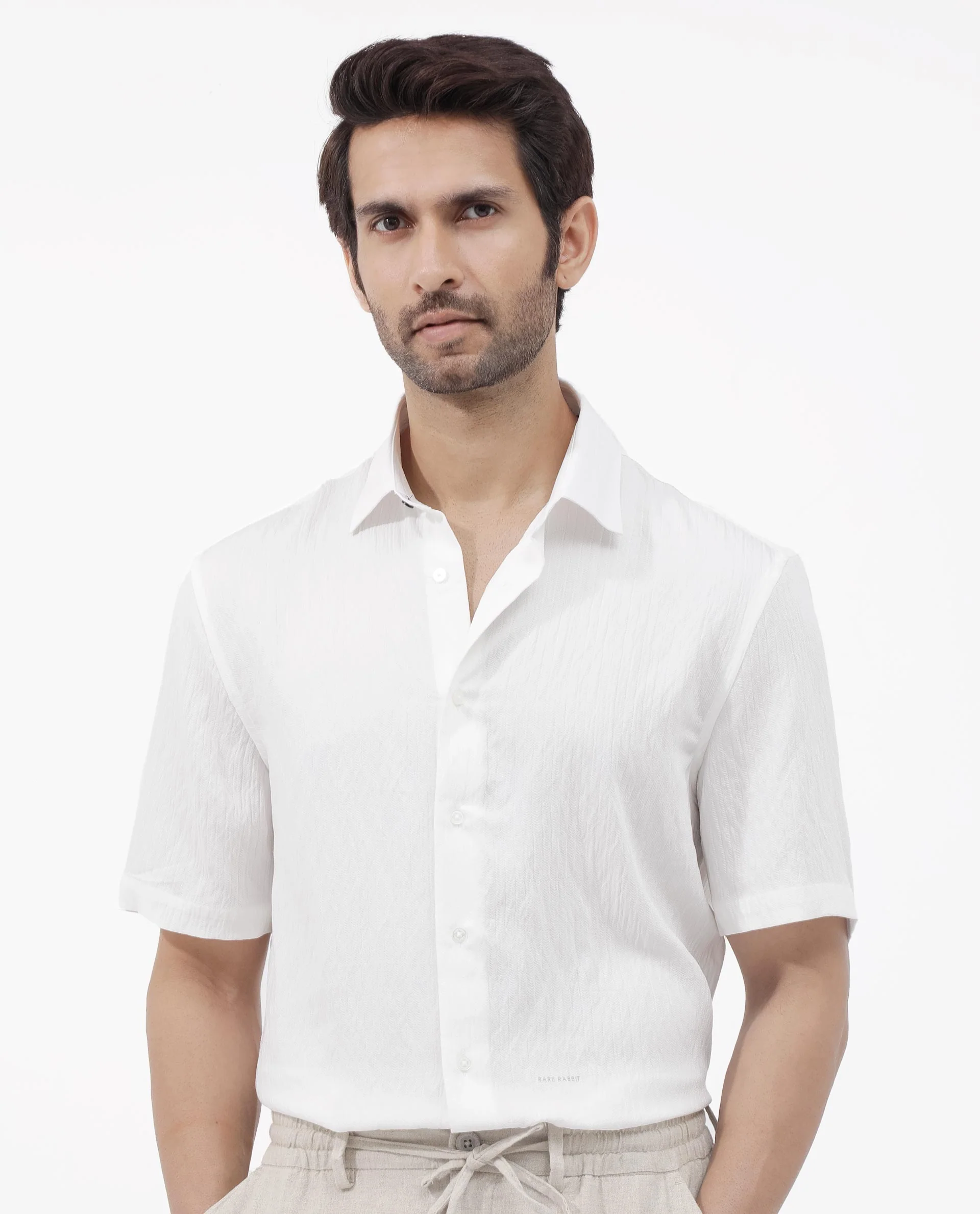 Rare Rabbit Men's Zion White Cotton Plain Boxy Fit Half Sleeve Collared Shirt - Image 5