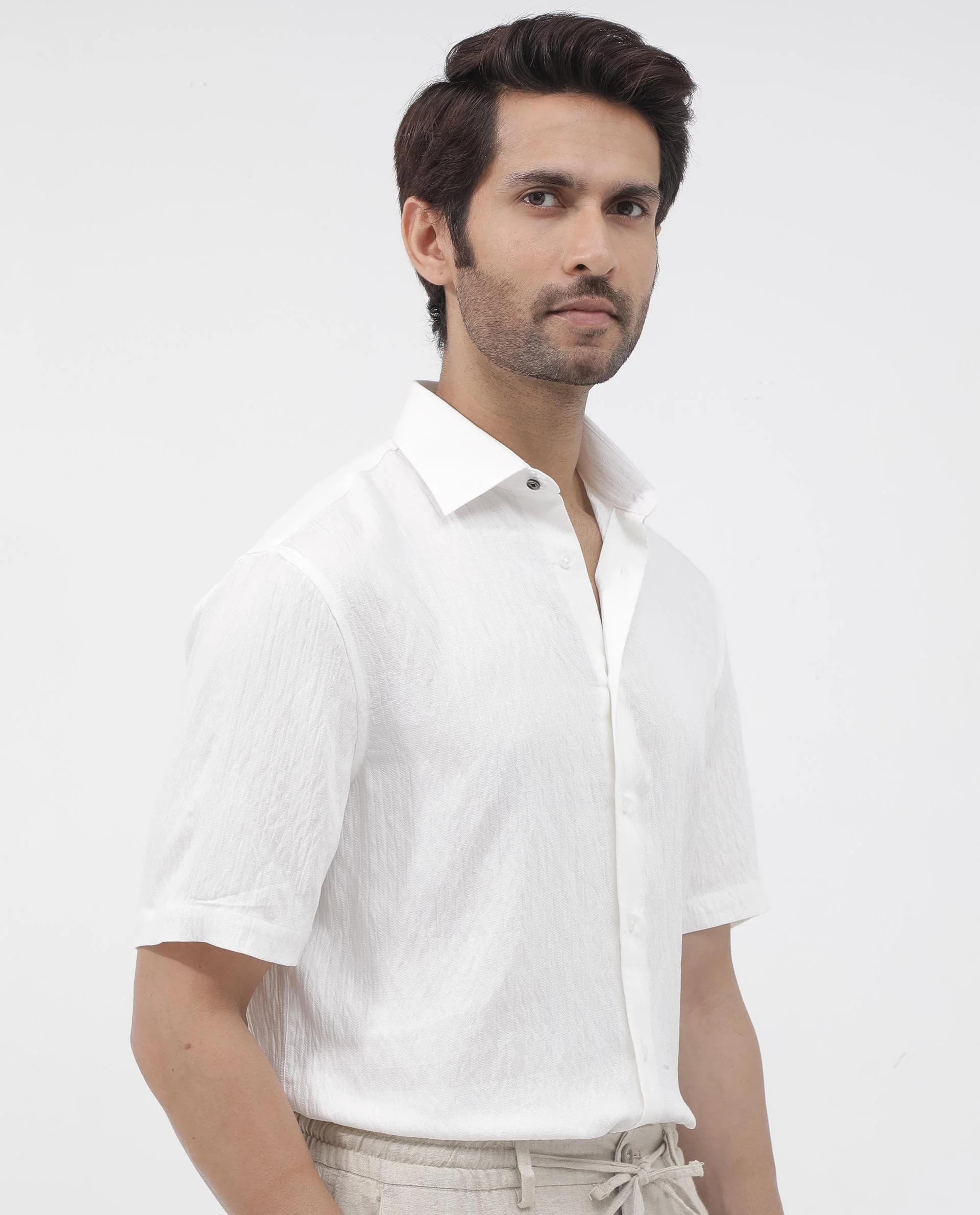 Rare Rabbit Men's Zion White Cotton Plain Boxy Fit Half Sleeve Collared Shirt - Image 7