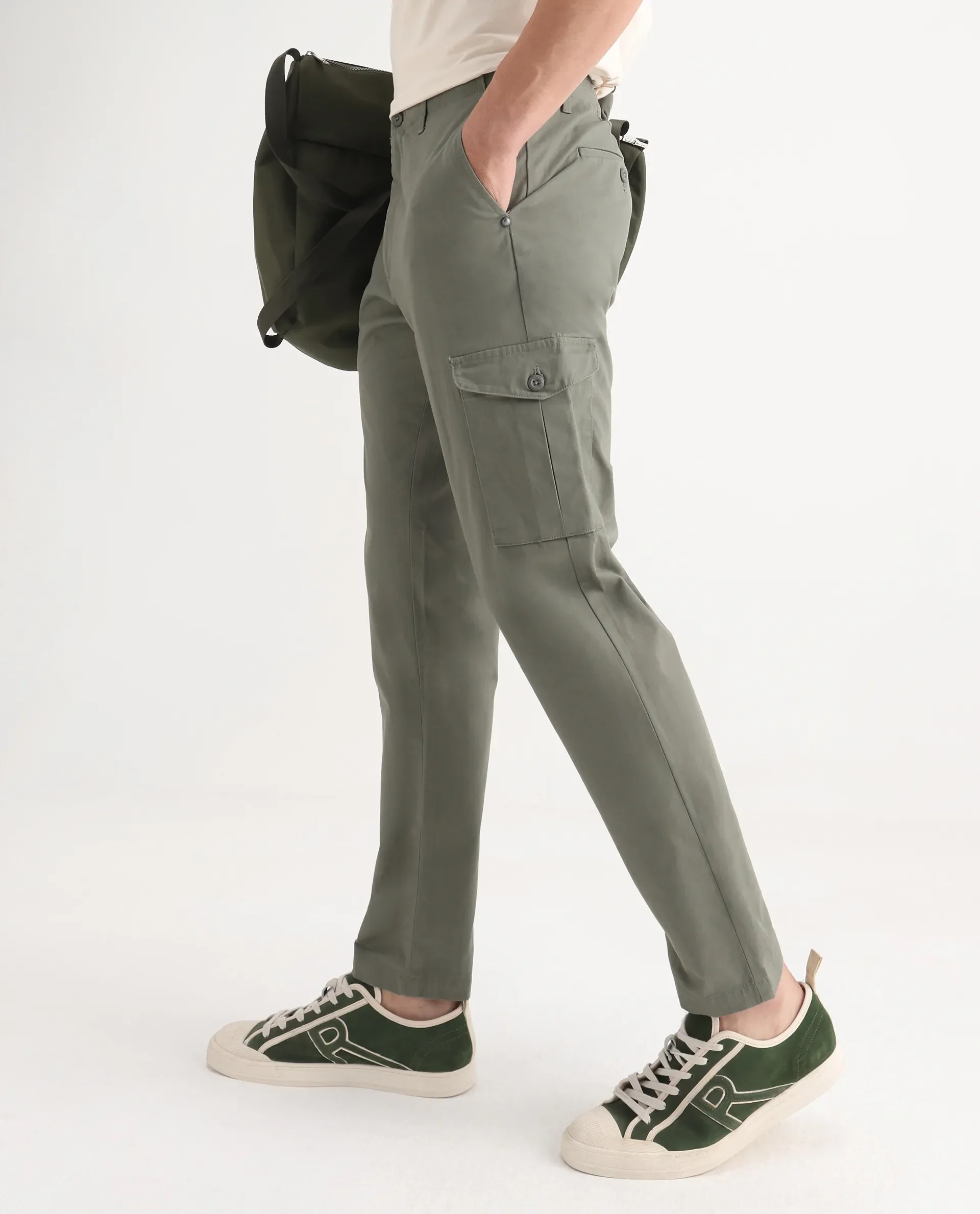Rare Rabbit Men's Zipe Dusky Olive Cotton Plain Regular Fit Trouser - Image 2