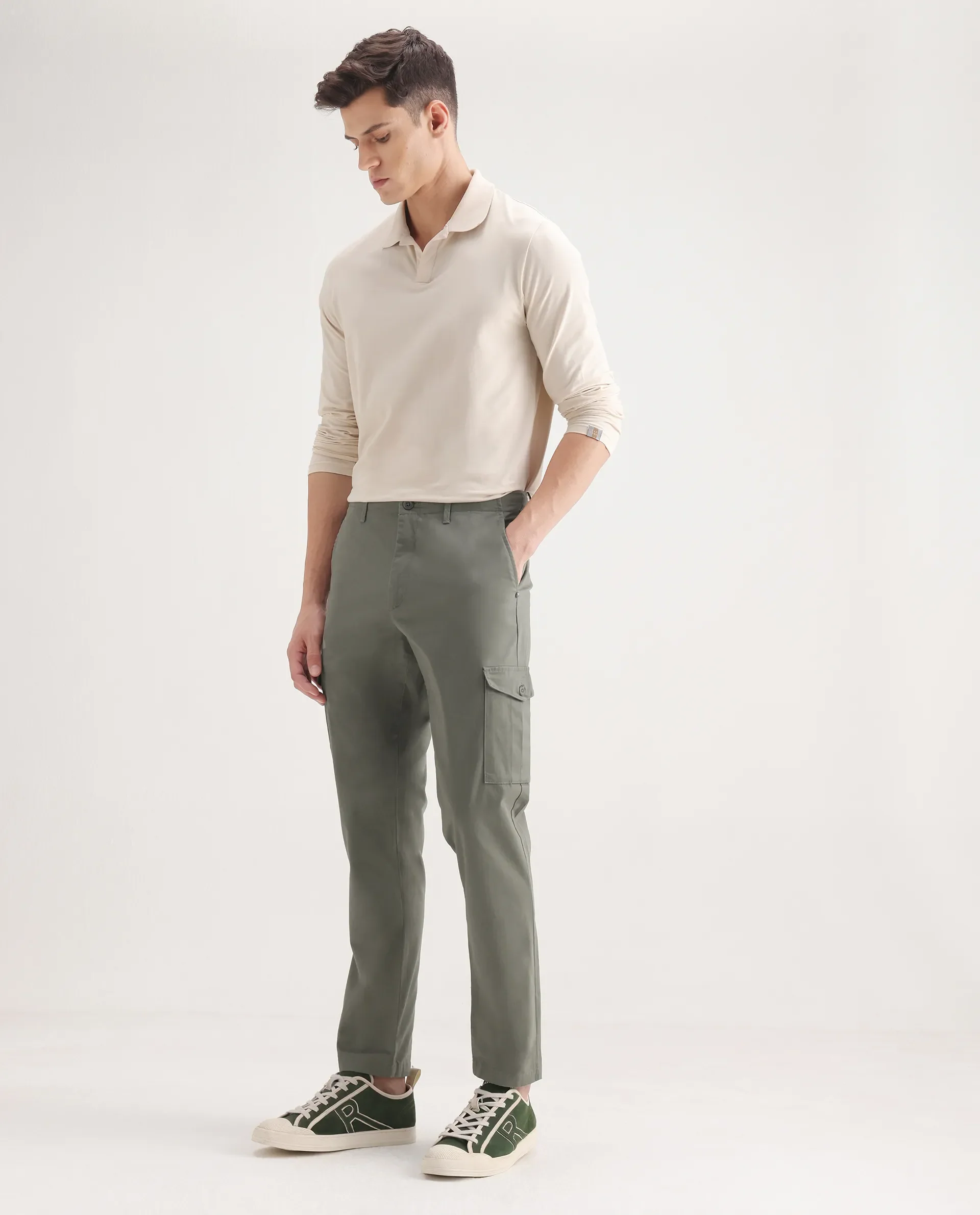Rare Rabbit Men's Zipe Dusky Olive Cotton Plain Regular Fit Trouser - Image 4