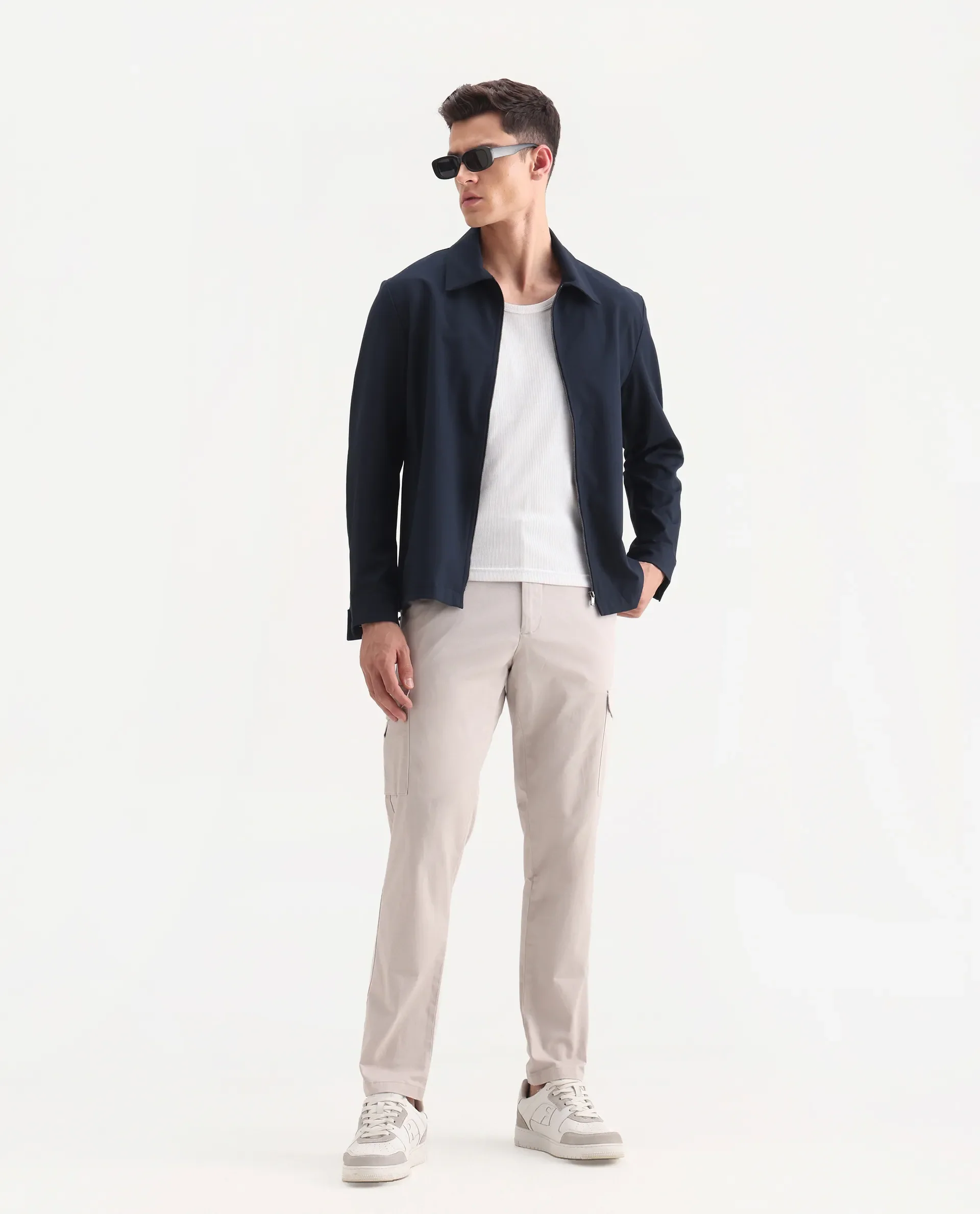 Rare Rabbit Men's Zipe Light Grey Cotton Plain Regular Fit Trouser