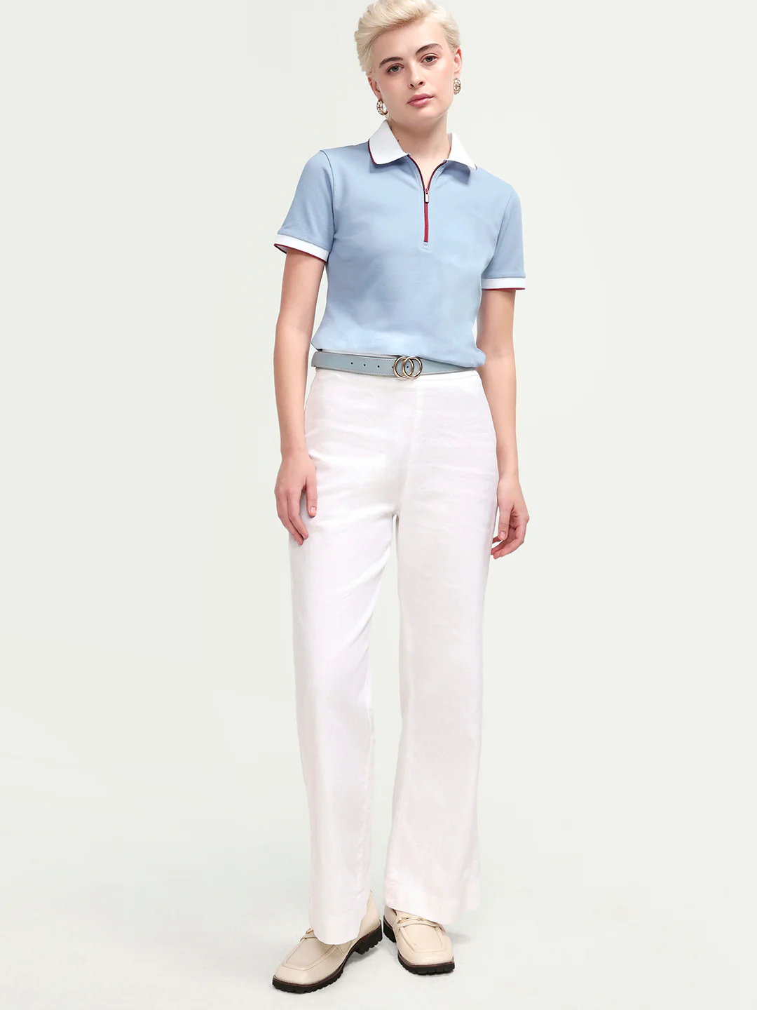 Rareism Women's Zipe Dusky Blue Cotton Blend Half Sleeve Regular Fit Plain Polo - Image 2