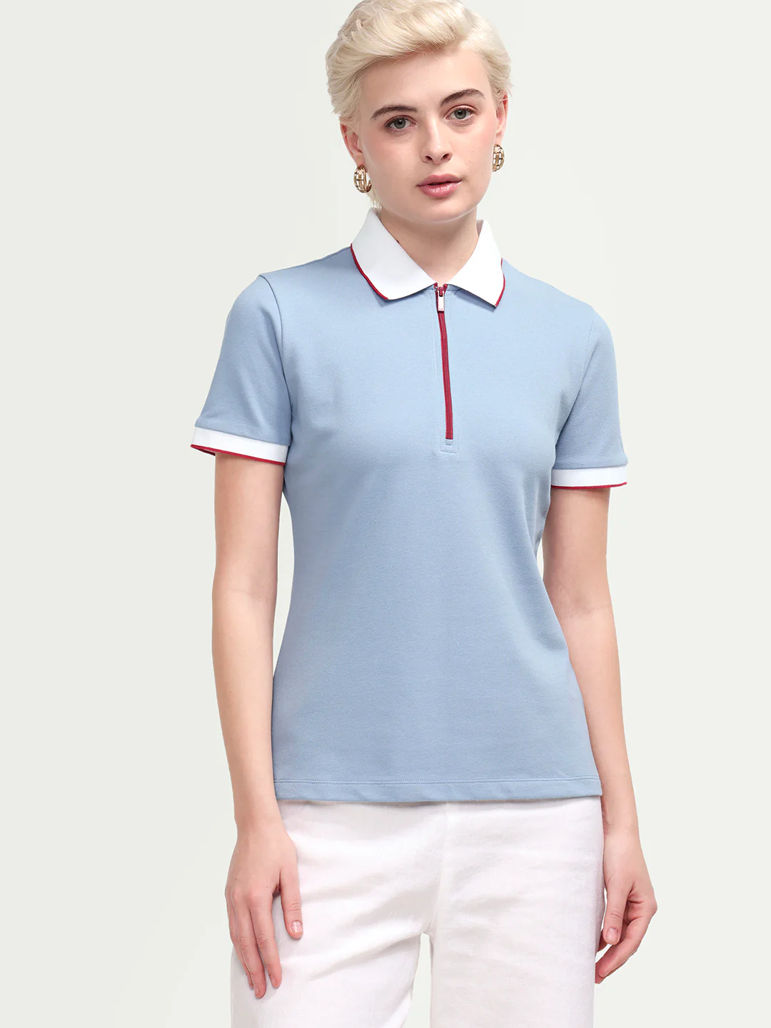 Rareism Women's Zipe Dusky Blue Cotton Blend Half Sleeve Regular Fit Plain Polo - Image 4