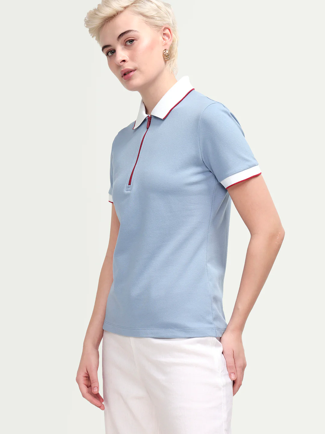 Rareism Women's Zipe Dusky Blue Cotton Blend Half Sleeve Regular Fit Plain Polo - Image 5
