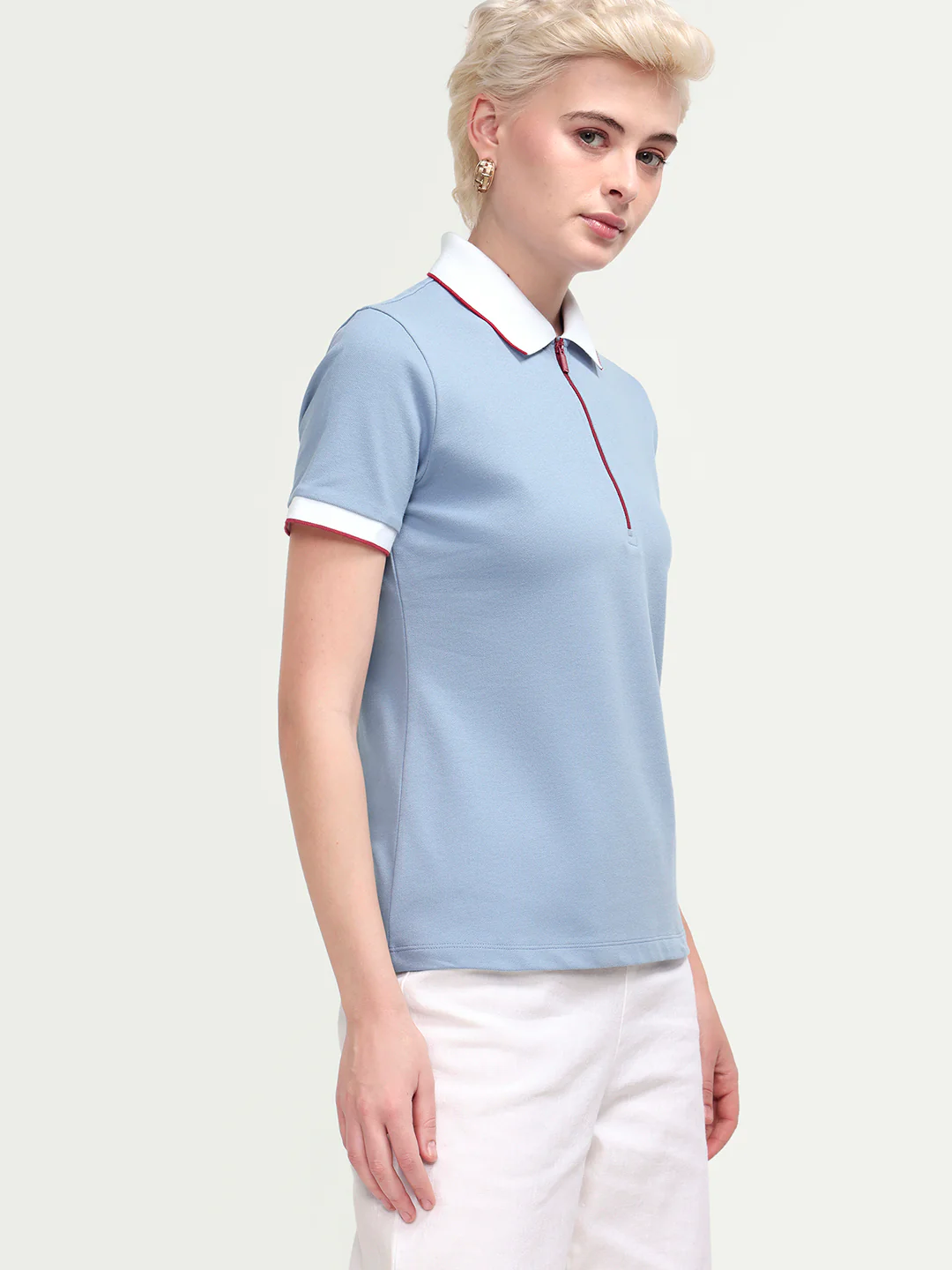 Rareism Women's Zipe Dusky Blue Cotton Blend Half Sleeve Regular Fit Plain Polo - Image 6
