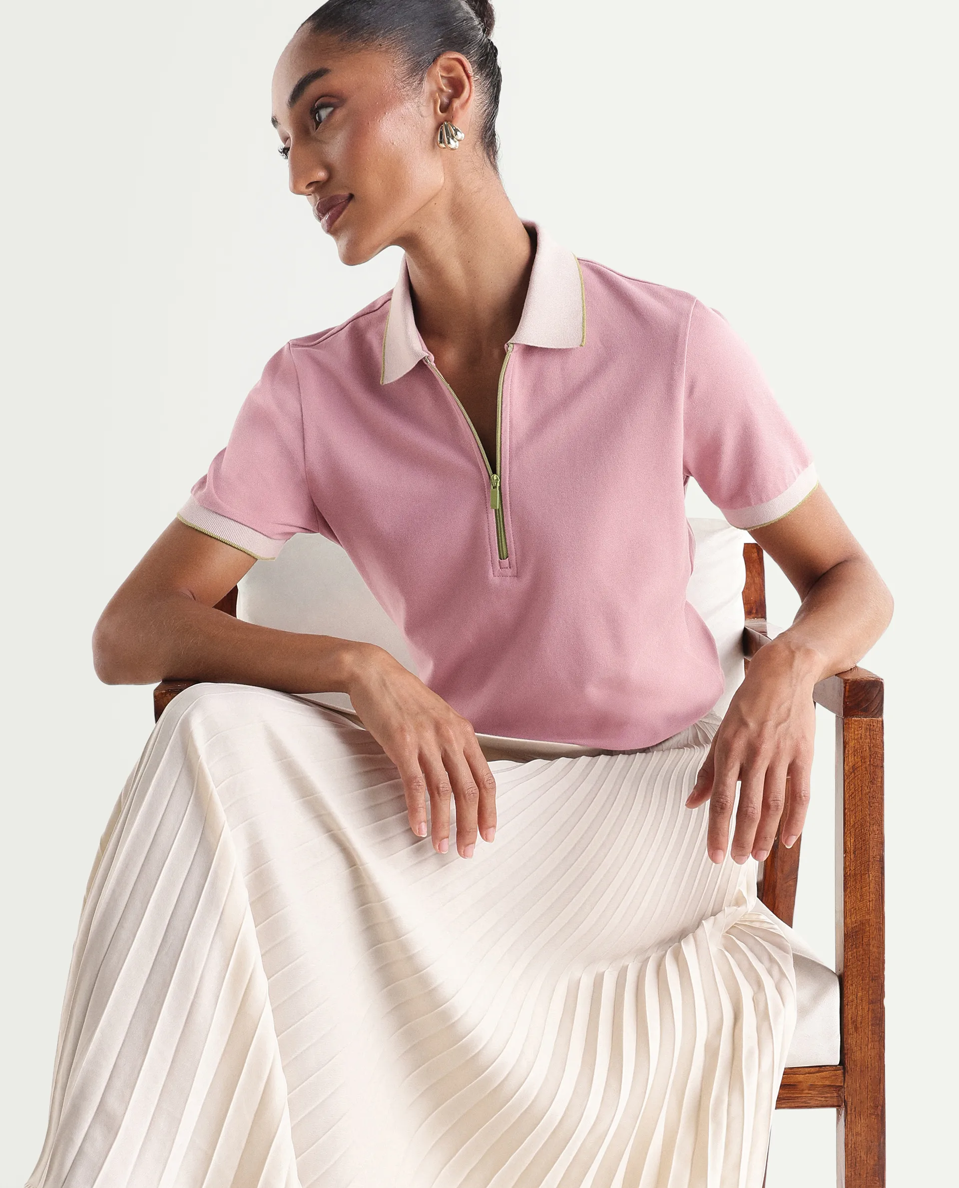 Rareism Women's Zipe Dusky Pink Cotton Lycra Half Sleeve Regular Fit Plain Polo
