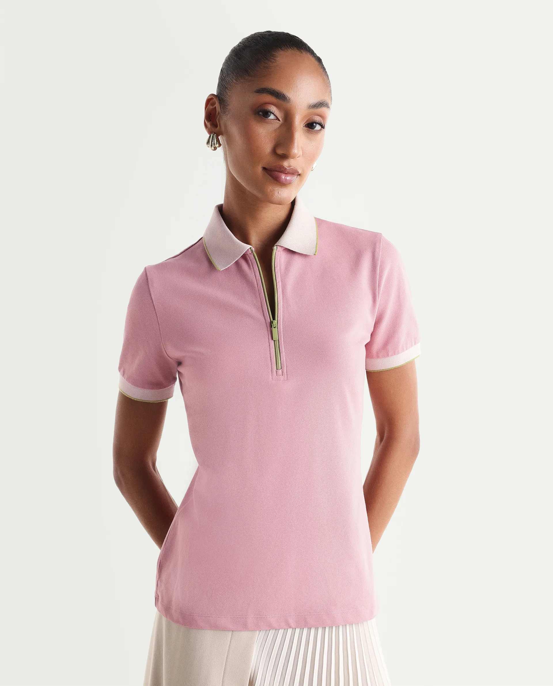 Rareism Women's Zipe Dusky Pink Cotton Lycra Half Sleeve Regular Fit Plain Polo - Image 3