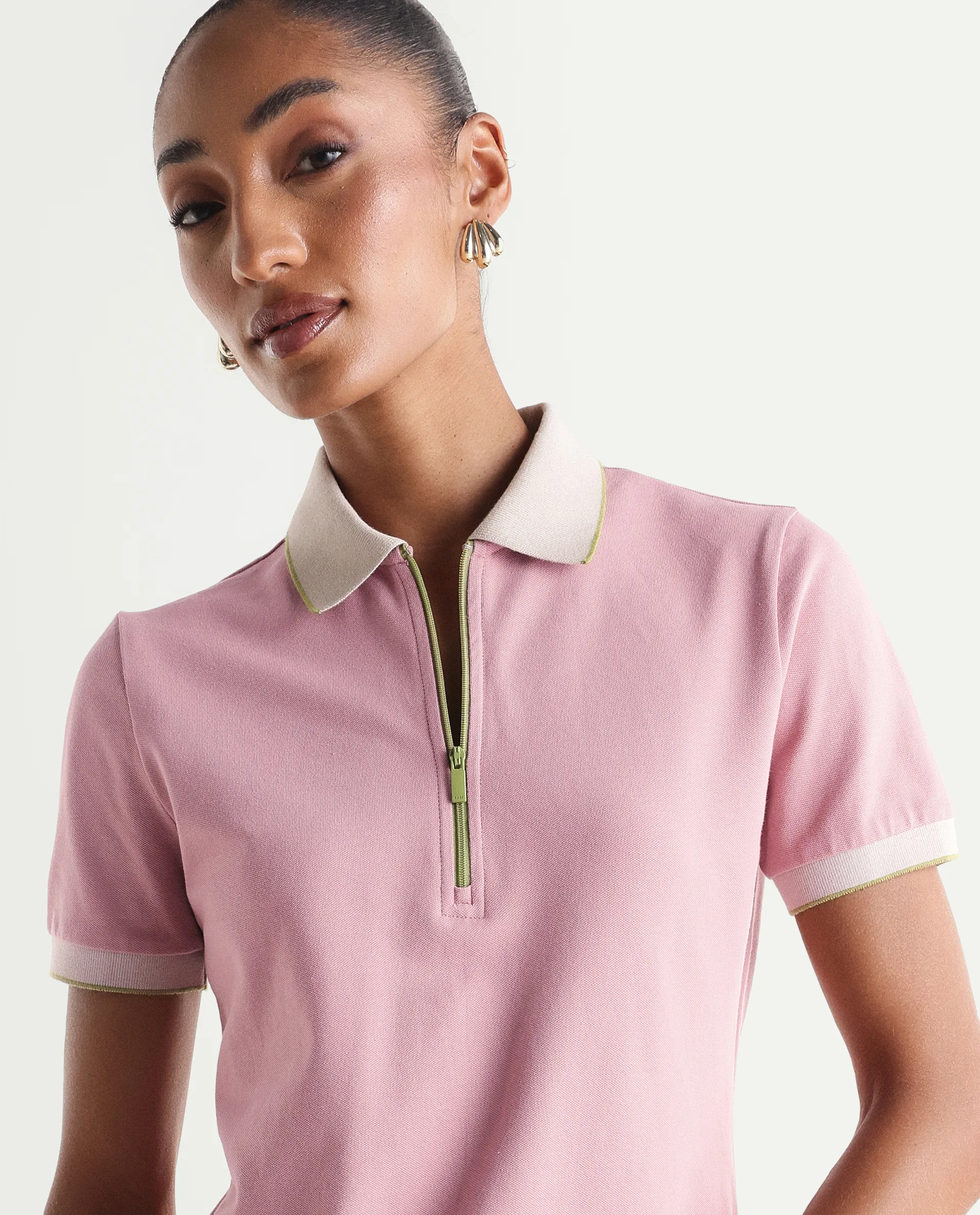 Rareism Women's Zipe Dusky Pink Cotton Lycra Half Sleeve Regular Fit Plain Polo - Image 4