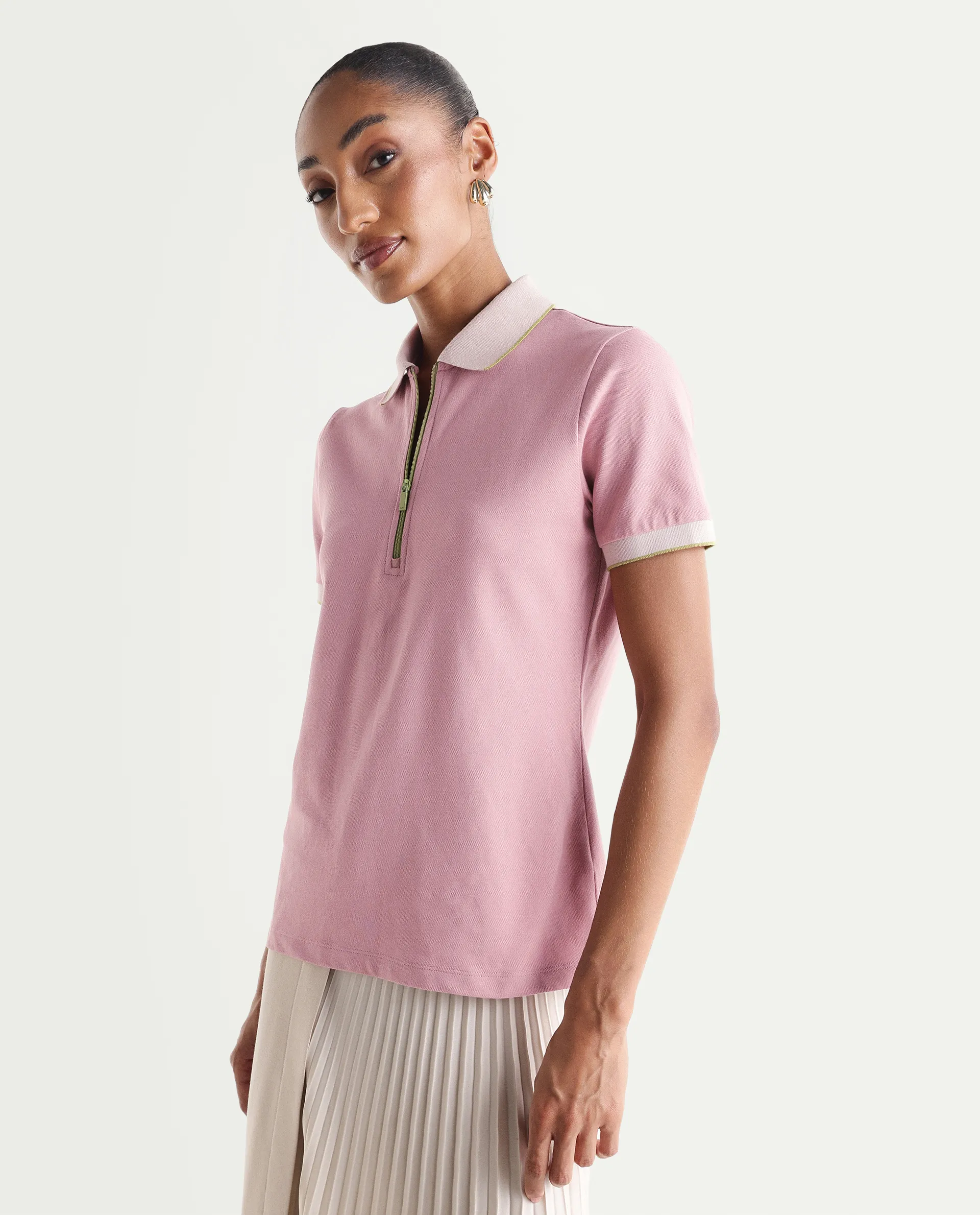Rareism Women's Zipe Dusky Pink Cotton Lycra Half Sleeve Regular Fit Plain Polo - Image 5