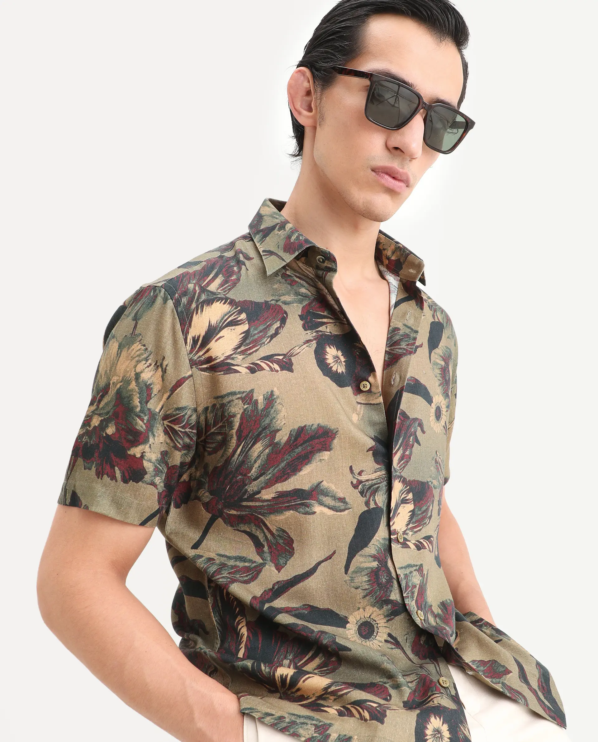 Rare Rabbit Men's Ziph Olive Linen Blend Fabric Half Sleeve Spread Collar Regular Fit Floral Print Shirt