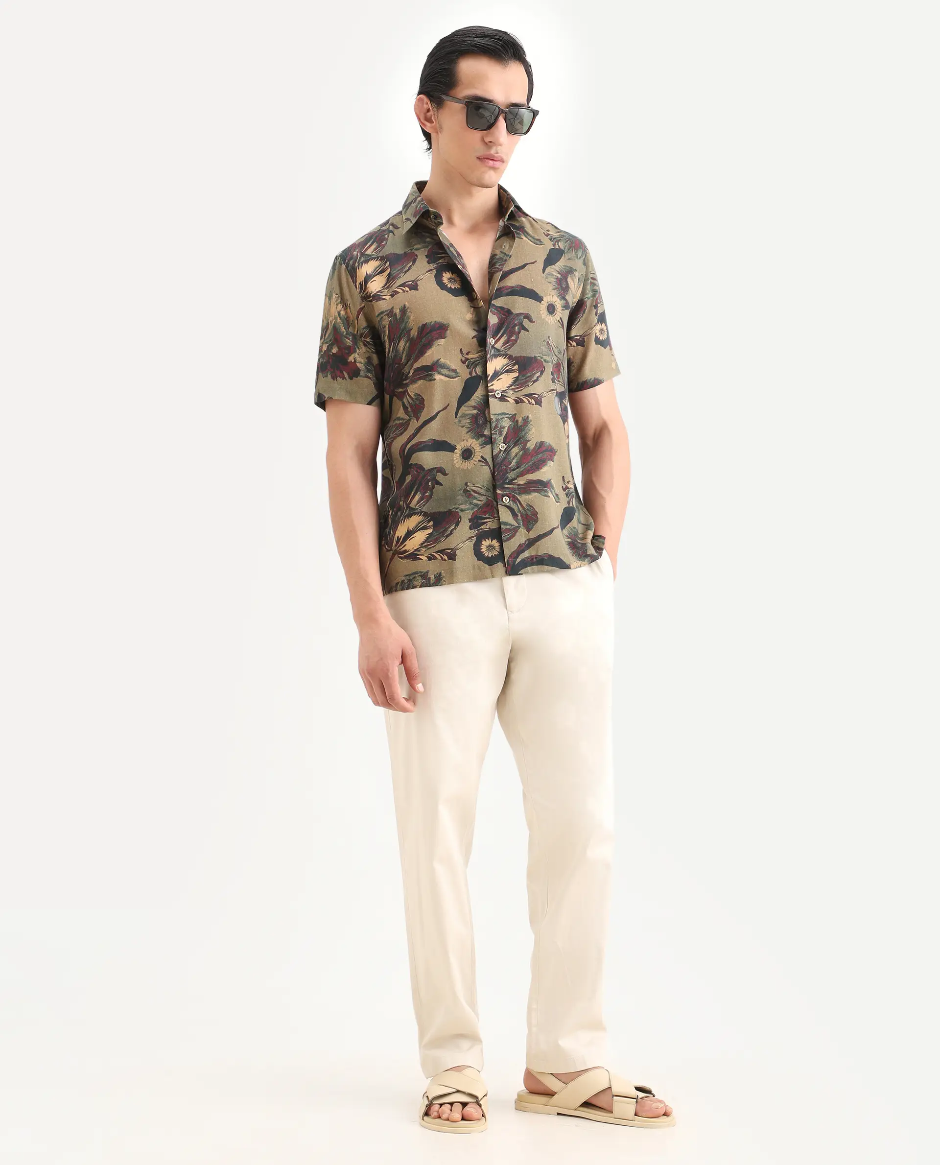 Rare Rabbit Men's Ziph Olive Linen Blend Fabric Half Sleeve Spread Collar Regular Fit Floral Print Shirt - Image 2
