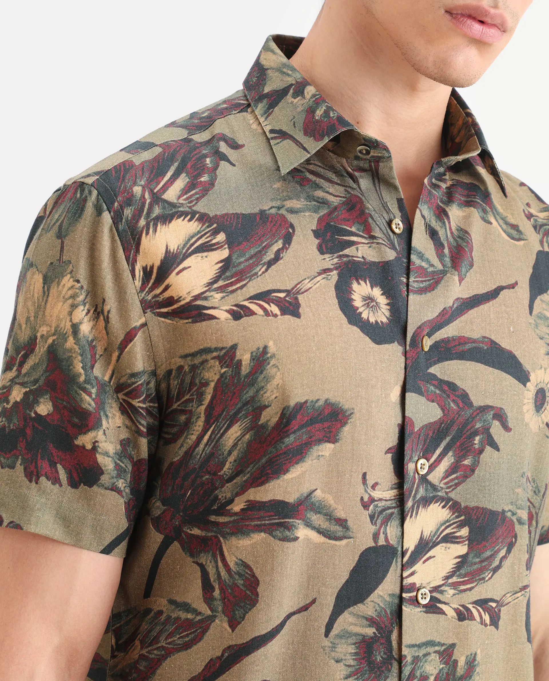 Rare Rabbit Men's Ziph Olive Linen Blend Fabric Half Sleeve Spread Collar Regular Fit Floral Print Shirt - Image 3
