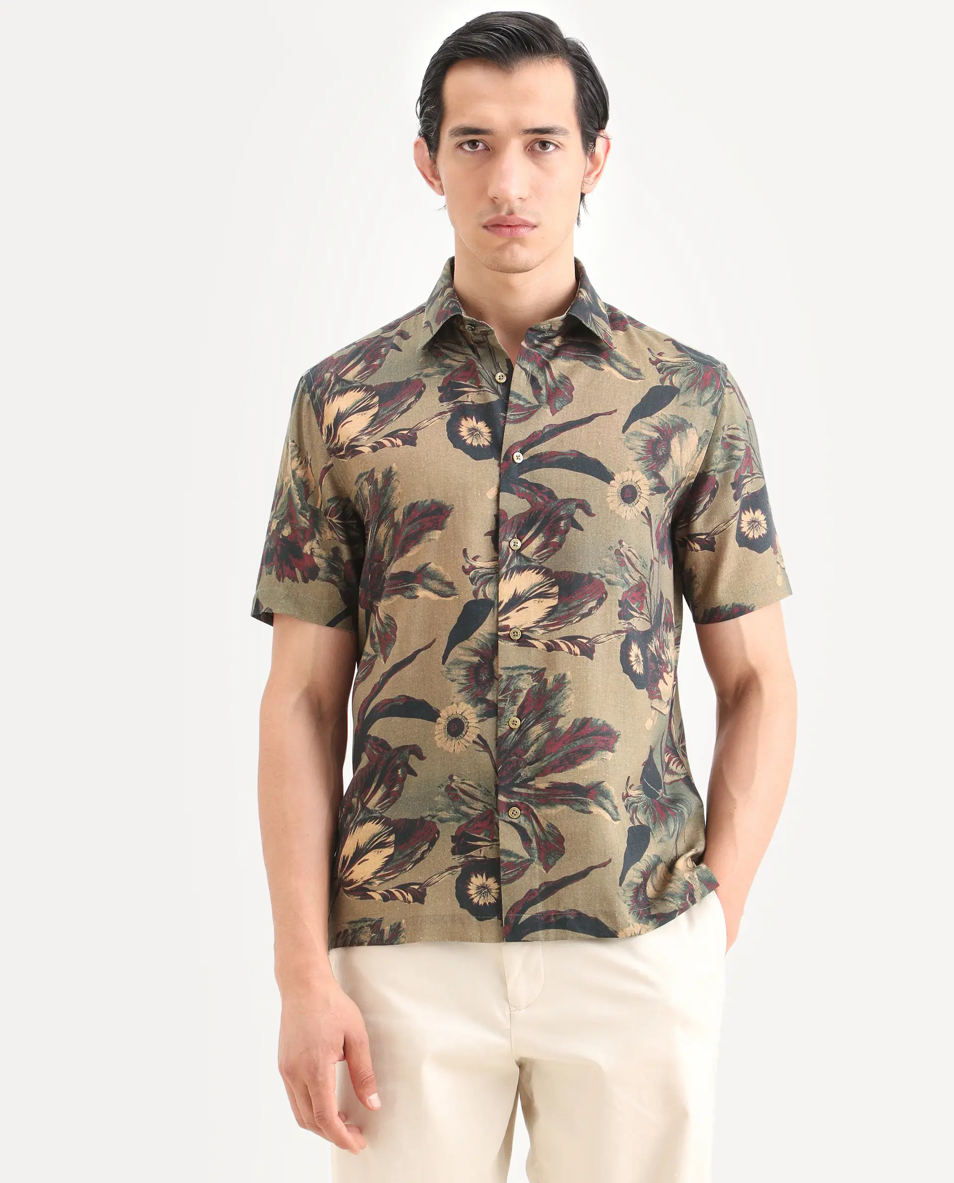 Rare Rabbit Men's Ziph Olive Linen Blend Fabric Half Sleeve Spread Collar Regular Fit Floral Print Shirt - Image 4