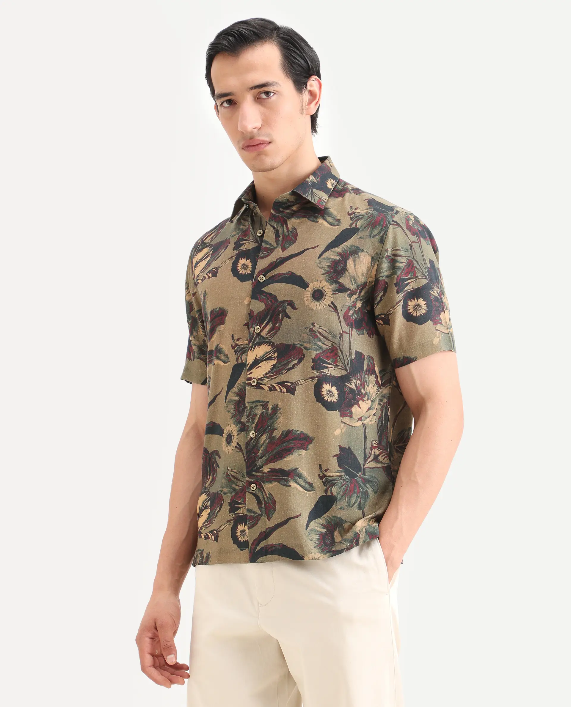 Rare Rabbit Men's Ziph Olive Linen Blend Fabric Half Sleeve Spread Collar Regular Fit Floral Print Shirt - Image 5