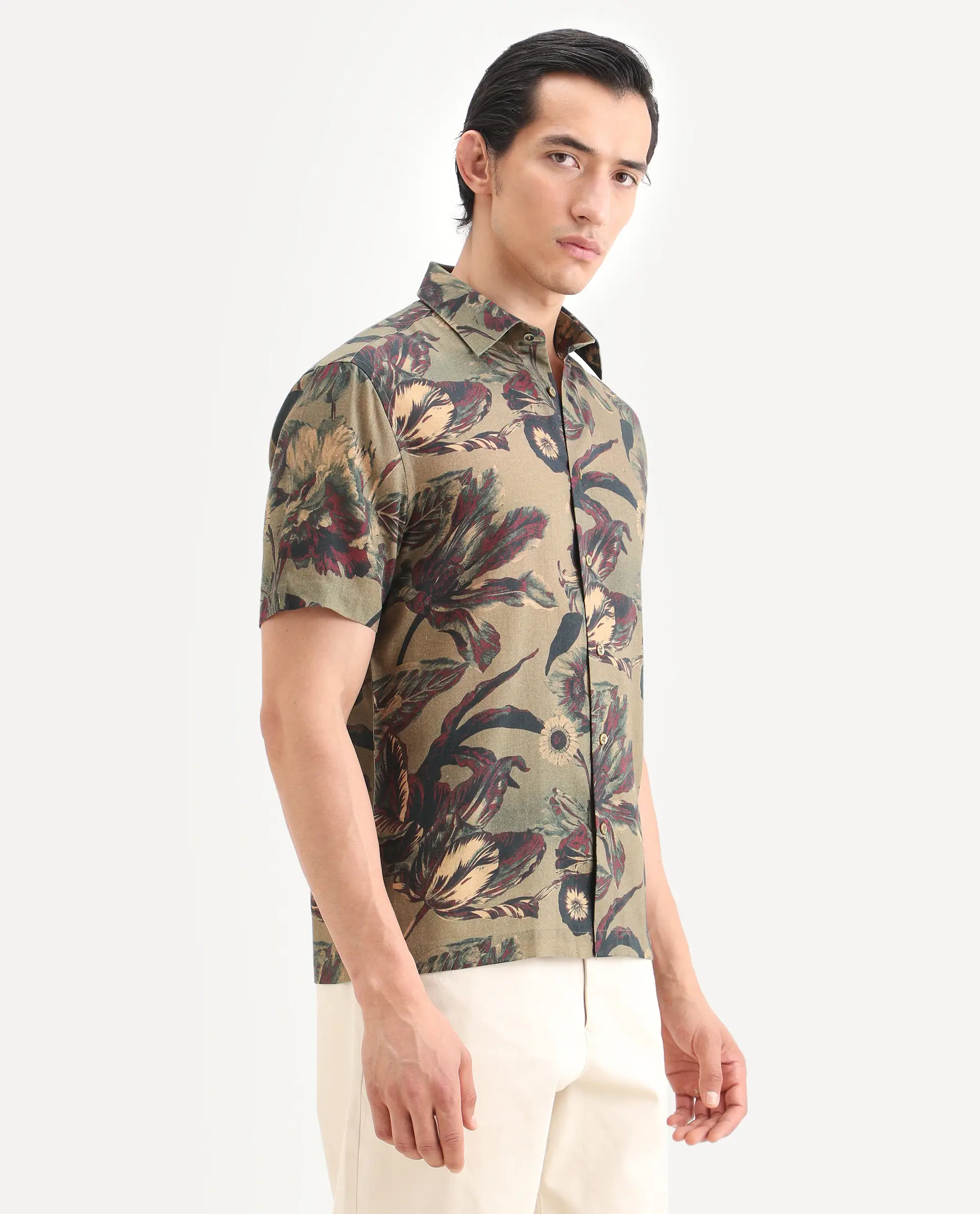 Rare Rabbit Men's Ziph Olive Linen Blend Fabric Half Sleeve Spread Collar Regular Fit Floral Print Shirt - Image 6