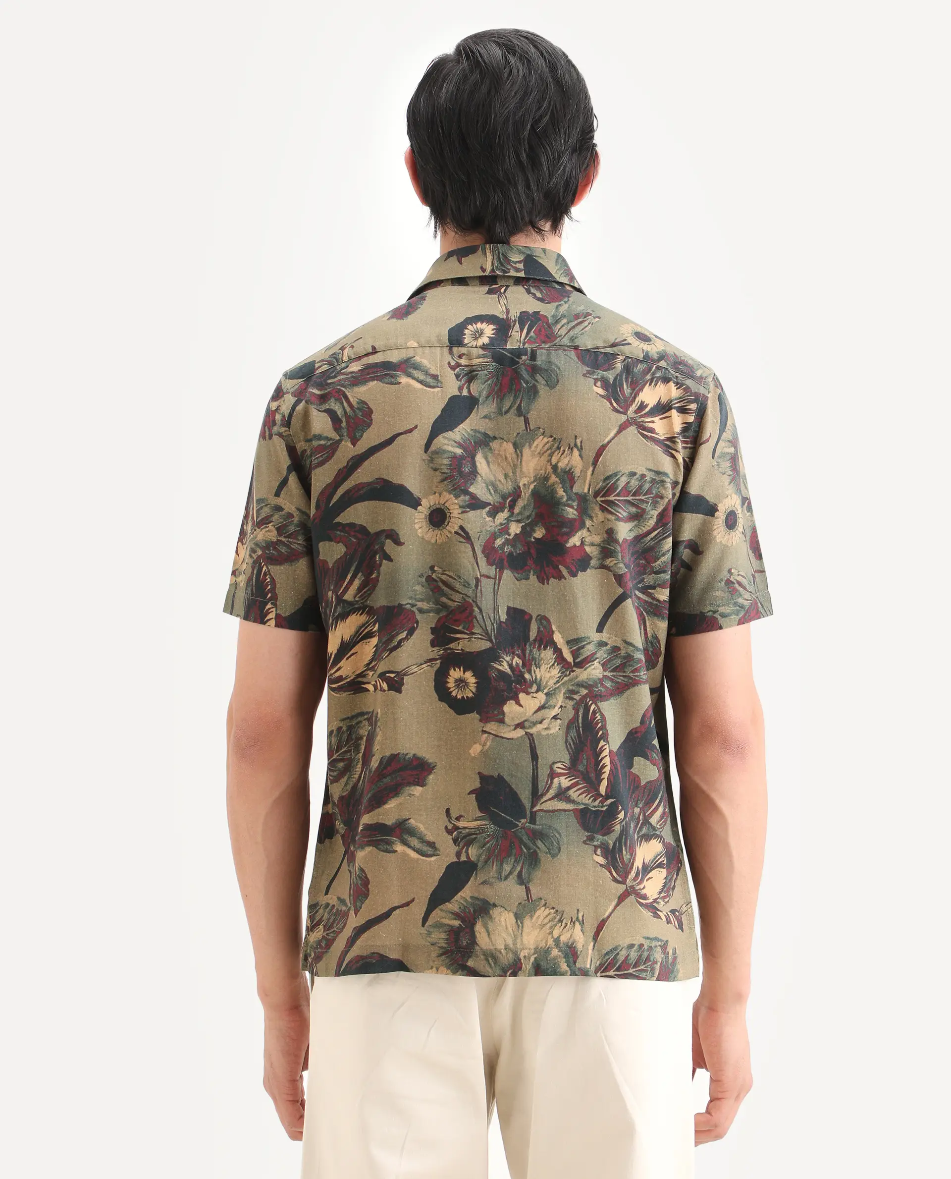 Rare Rabbit Men's Ziph Olive Linen Blend Fabric Half Sleeve Spread Collar Regular Fit Floral Print Shirt - Image 7