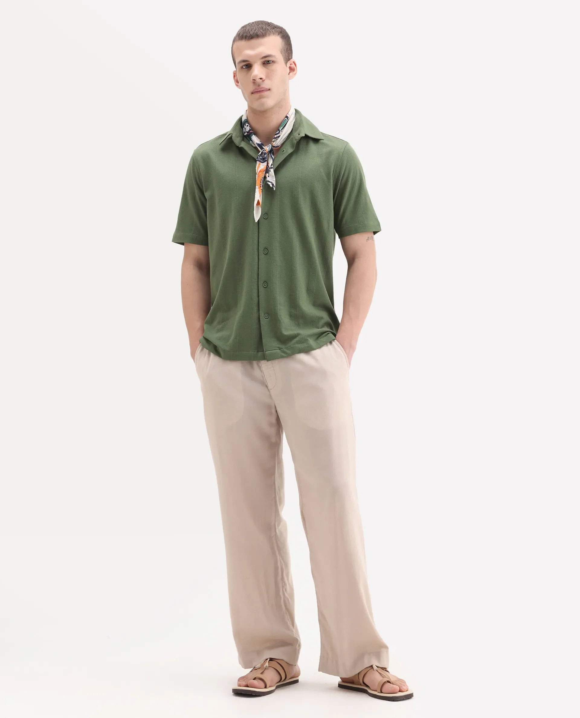 Rare Rabbit Men's Zipo Light Olive Cotton Fabric Spread Collar Relaxed Fit Jacquard Shirt - Image 2