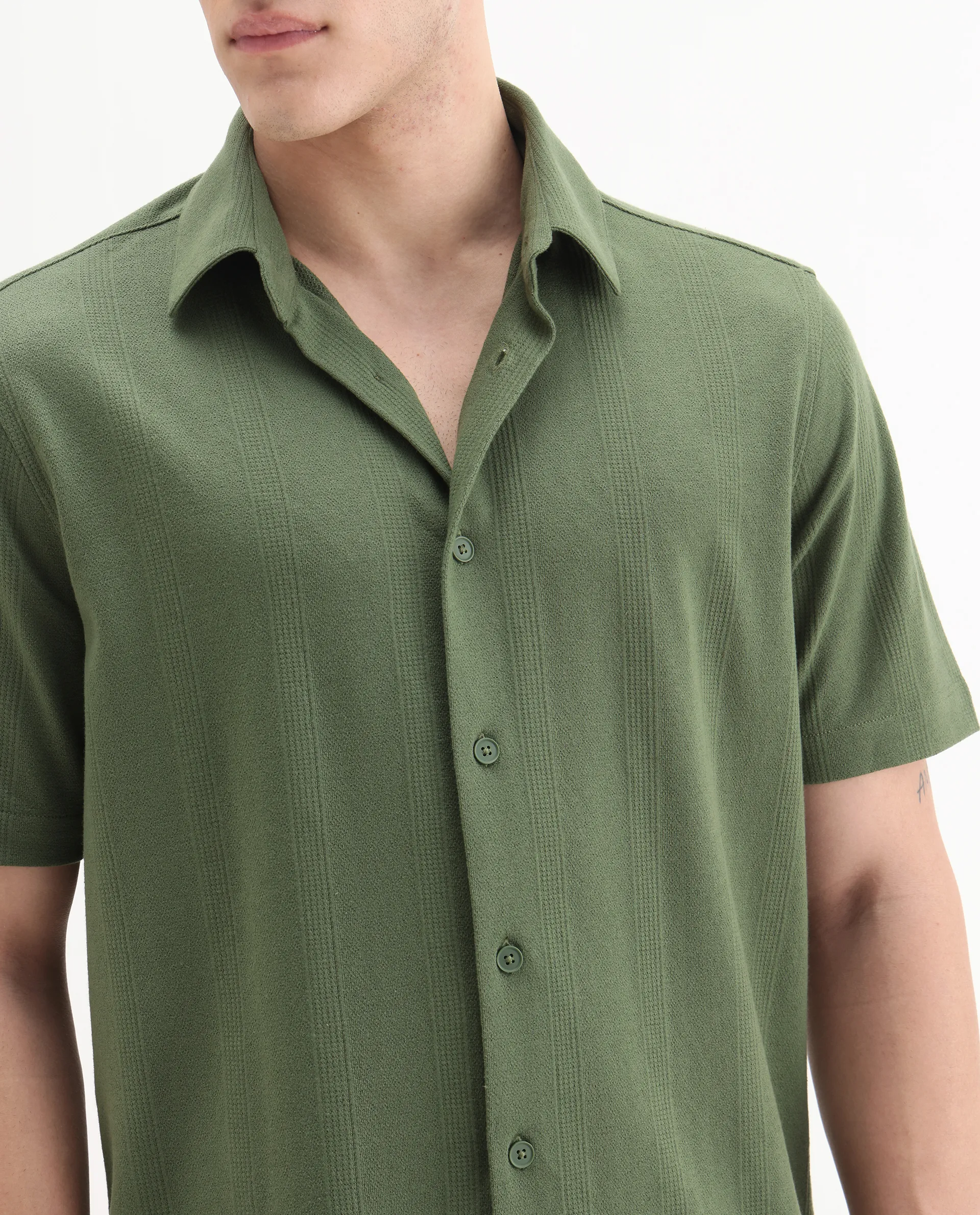 Rare Rabbit Men's Zipo Light Olive Cotton Fabric Spread Collar Relaxed Fit Jacquard Shirt - Image 3
