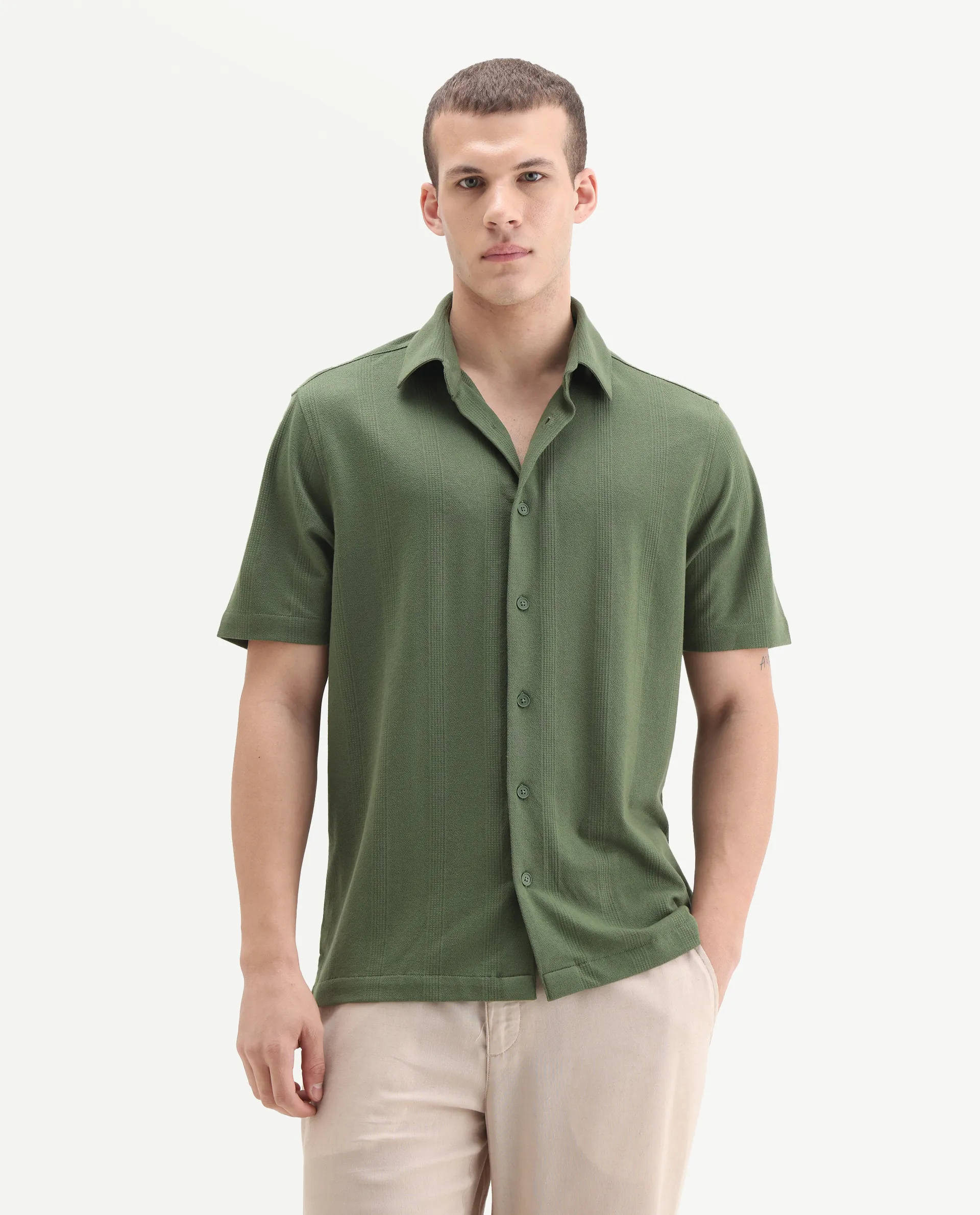 Rare Rabbit Men's Zipo Light Olive Cotton Fabric Spread Collar Relaxed Fit Jacquard Shirt - Image 4