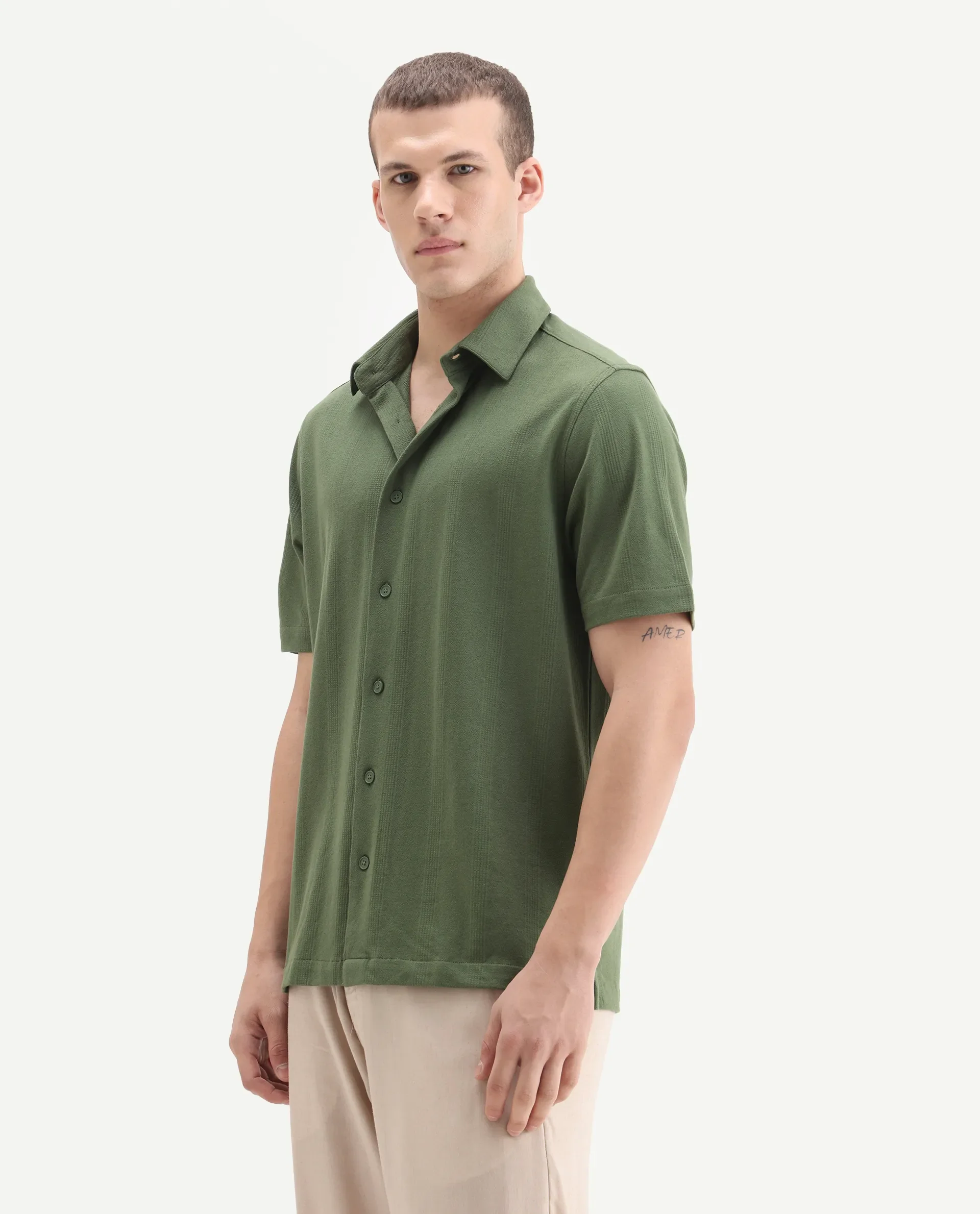 Rare Rabbit Men's Zipo Light Olive Cotton Fabric Spread Collar Relaxed Fit Jacquard Shirt - Image 5