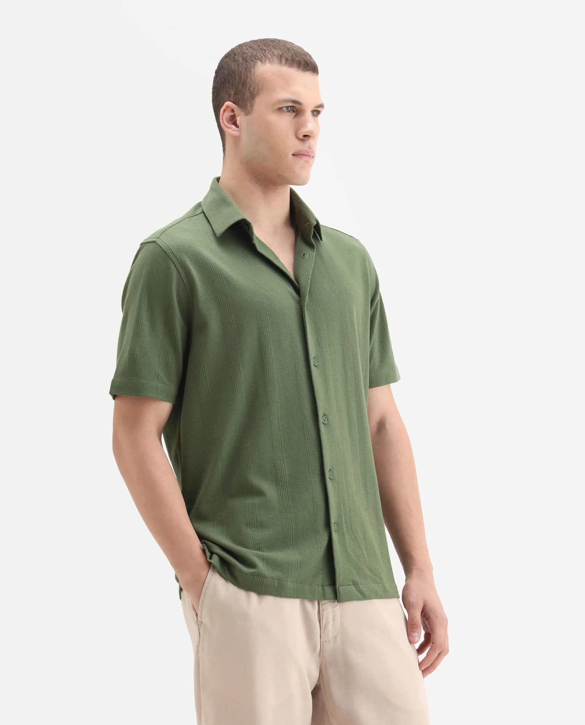 Rare Rabbit Men's Zipo Light Olive Cotton Fabric Spread Collar Relaxed Fit Jacquard Shirt - Image 6