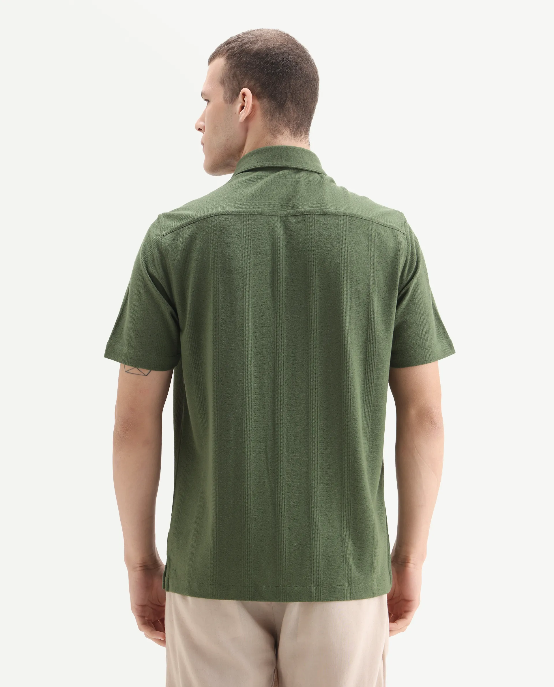 Rare Rabbit Men's Zipo Light Olive Cotton Fabric Spread Collar Relaxed Fit Jacquard Shirt - Image 7