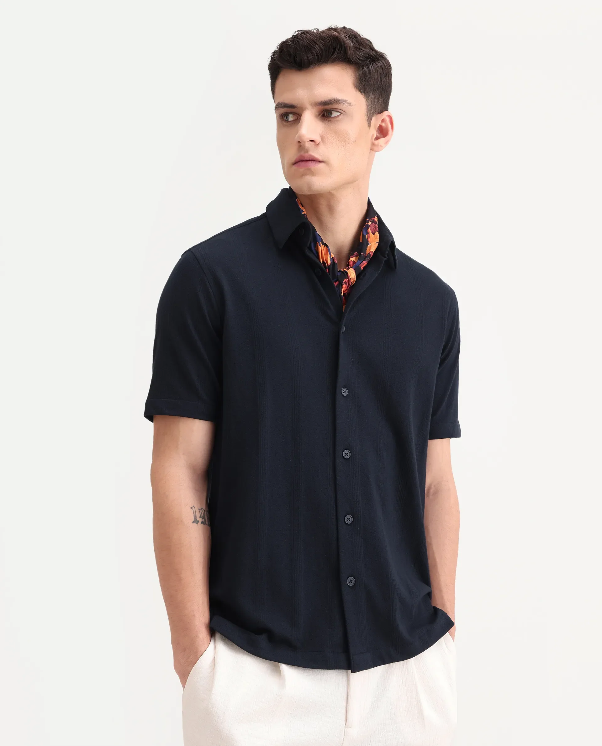Rare Rabbit Men's Zipo Navy Cotton Fabric Spread Collar Relaxed Fit Jacquard Shirt