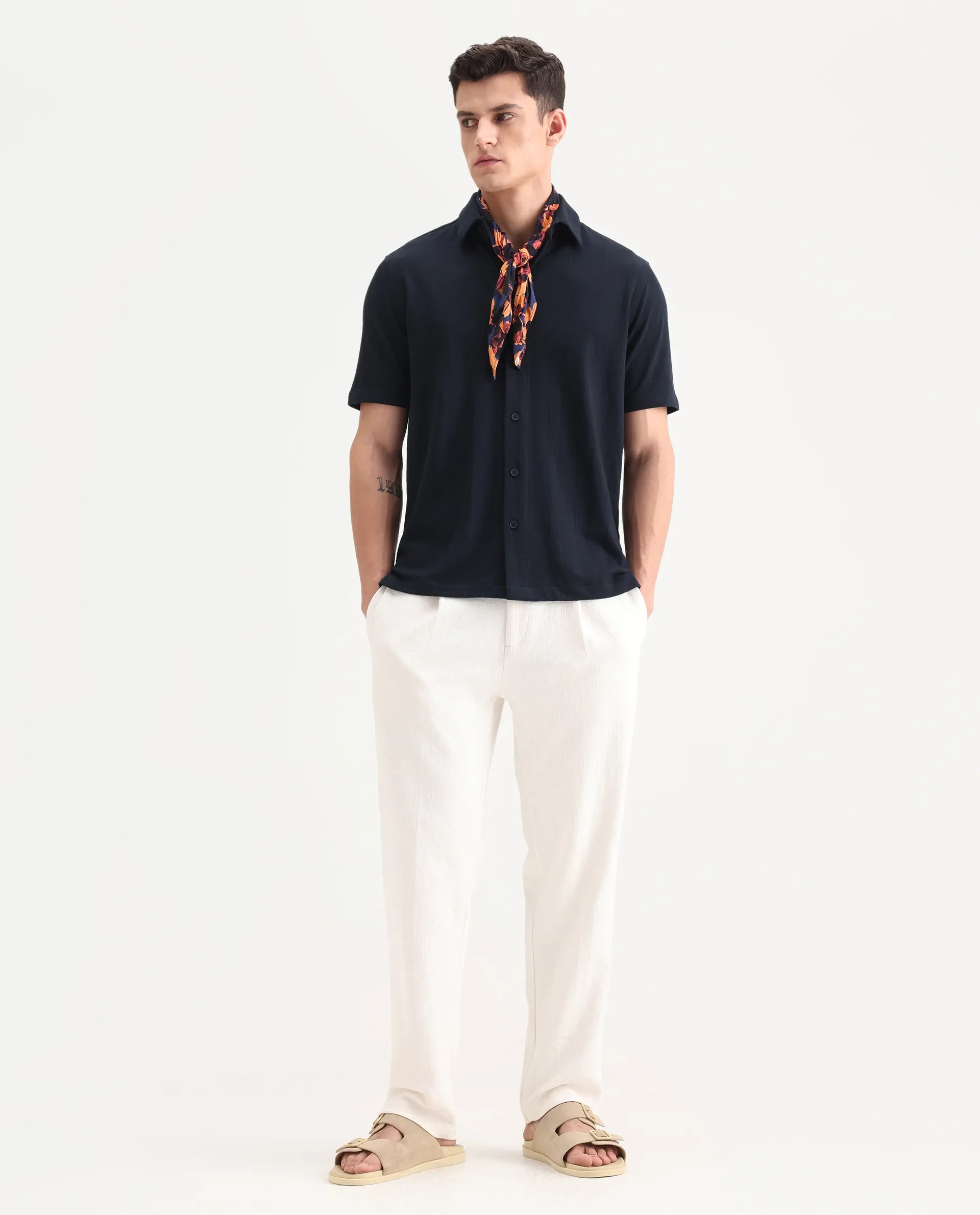 Rare Rabbit Men's Zipo Navy Cotton Fabric Spread Collar Relaxed Fit Jacquard Shirt - Image 2