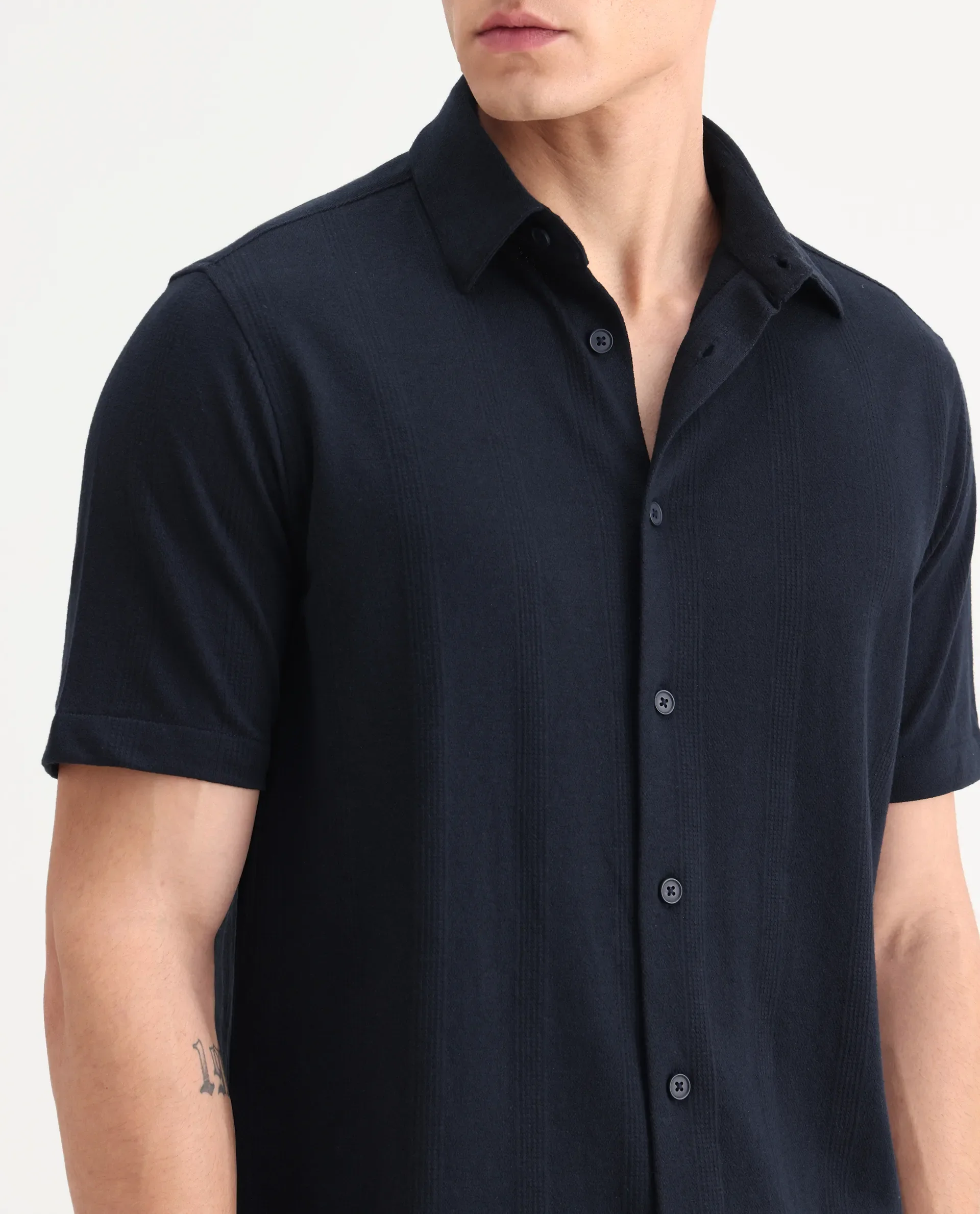 Rare Rabbit Men's Zipo Navy Cotton Fabric Spread Collar Relaxed Fit Jacquard Shirt - Image 3