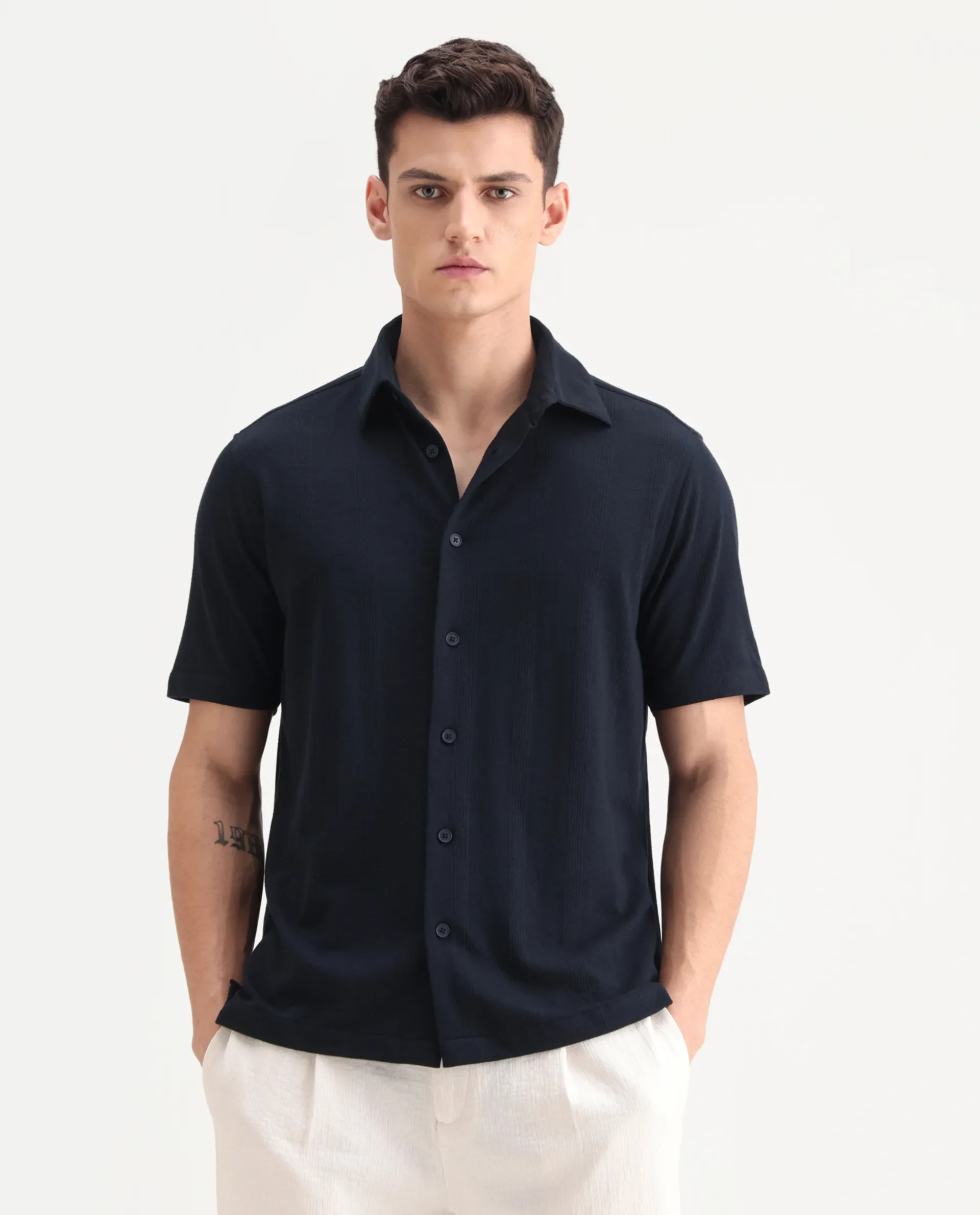 Rare Rabbit Men's Zipo Navy Cotton Fabric Spread Collar Relaxed Fit Jacquard Shirt - Image 4